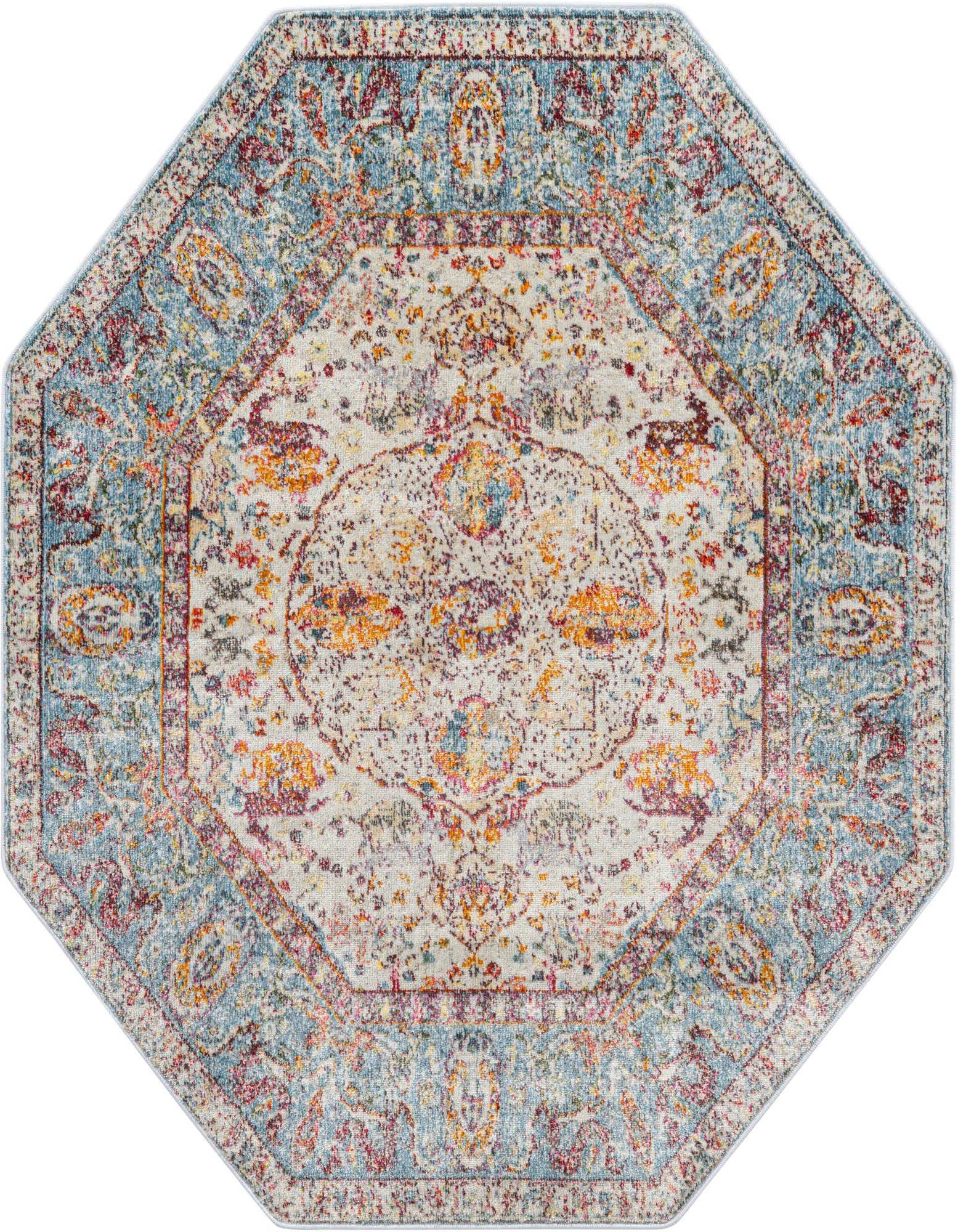 A 5' 0 x 5' 0 octagon rug with a distressed traditional medallion pattern in light blue, cream, orange, and red tones.