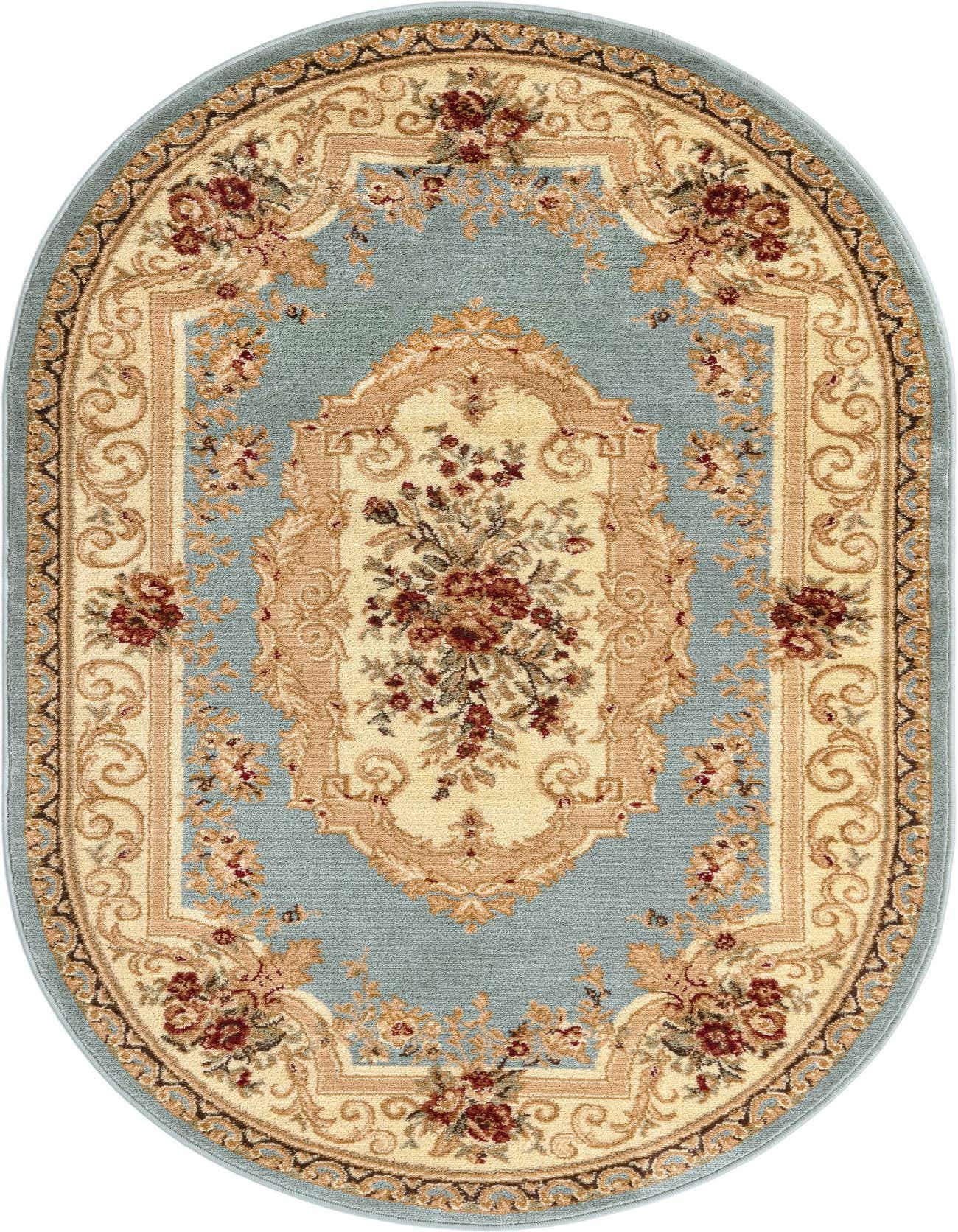An oval 4'x6' light blue traditional rug with a cream medallion and floral accents in red and gold.