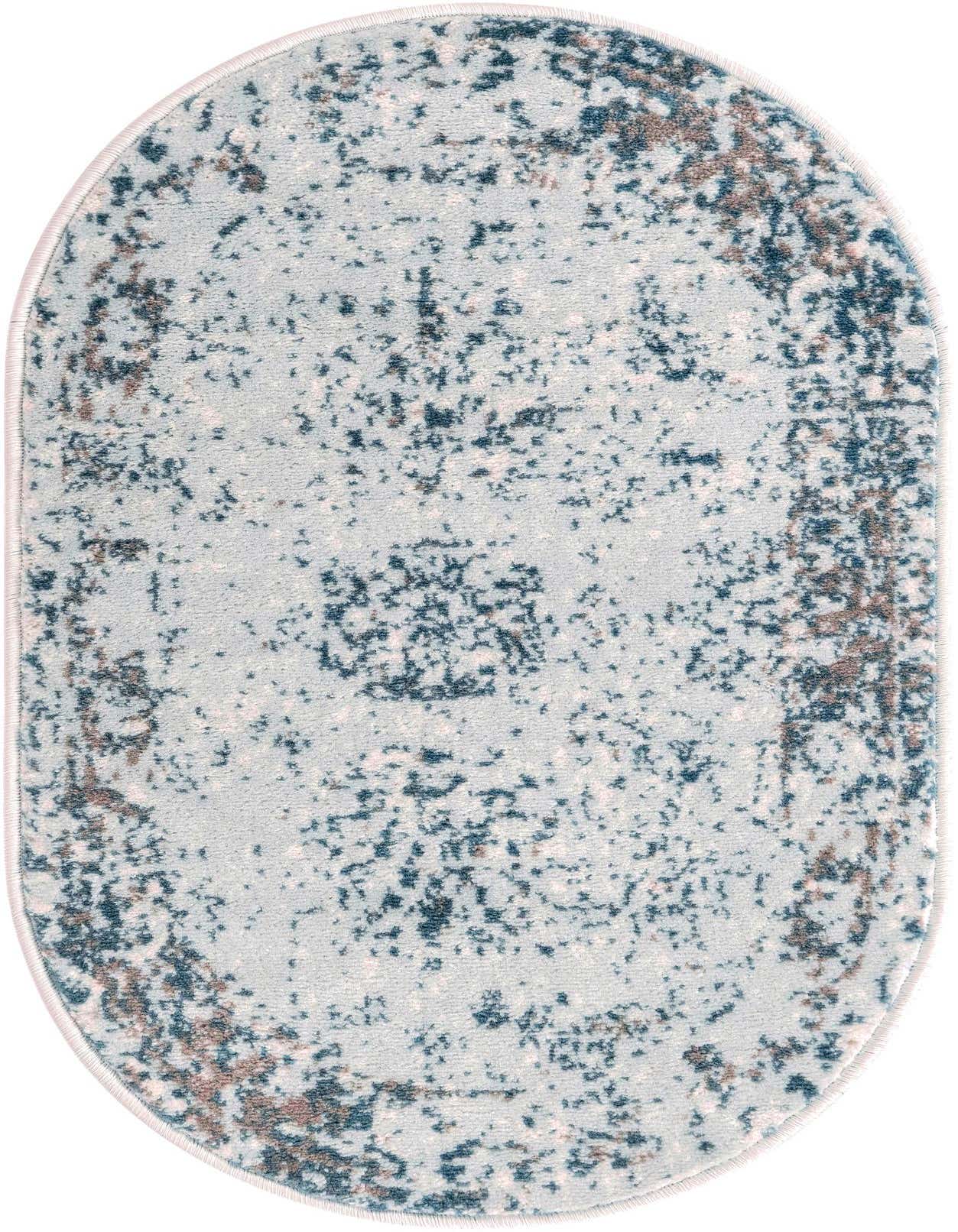 An oval 2' 0 x 3' 1 light blue rug with a distressed transitional medallion pattern in darker blues and hints of brown.