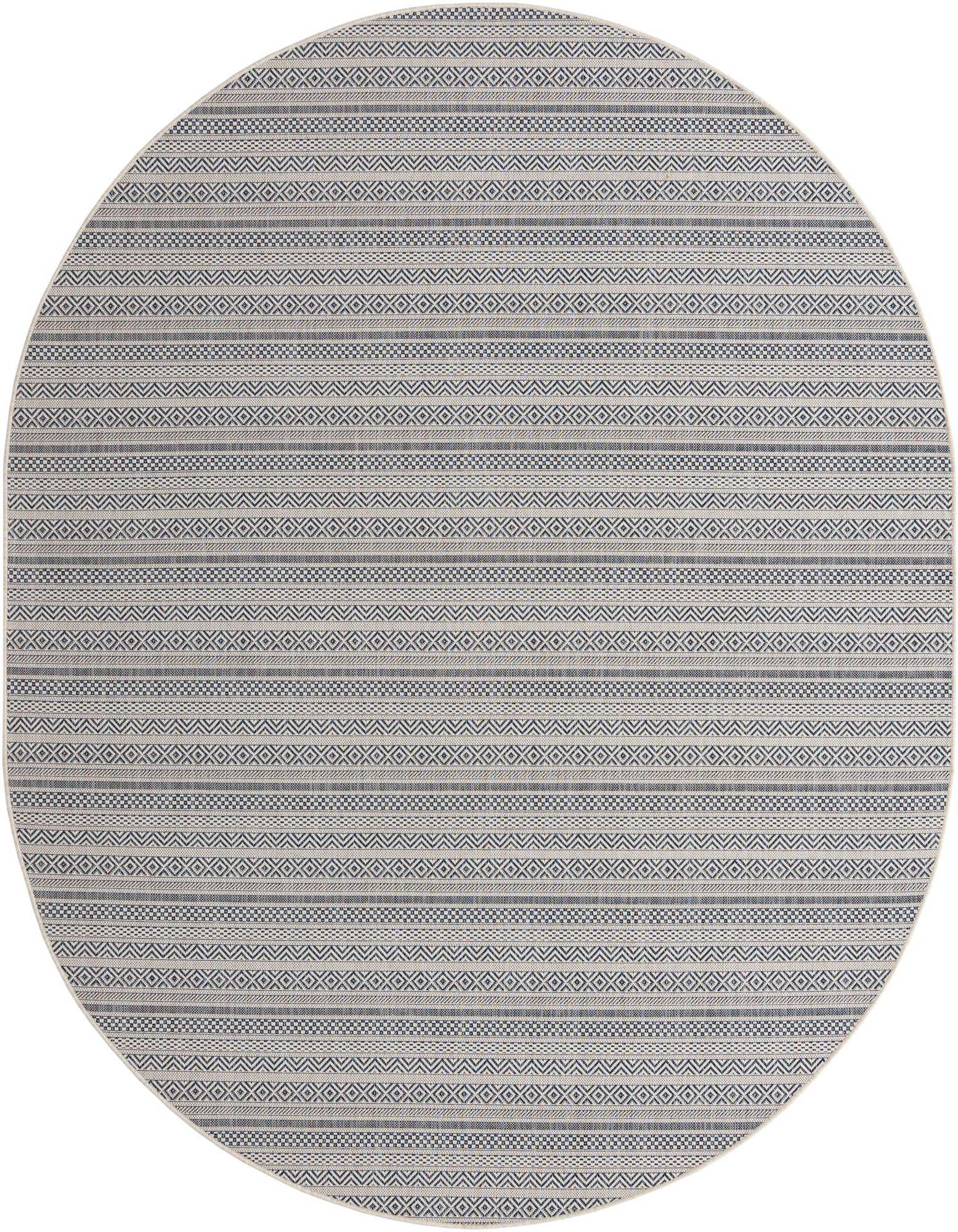 A light blue and white oval rug with a tribal geometric pattern, suitable for indoor or outdoor use.
