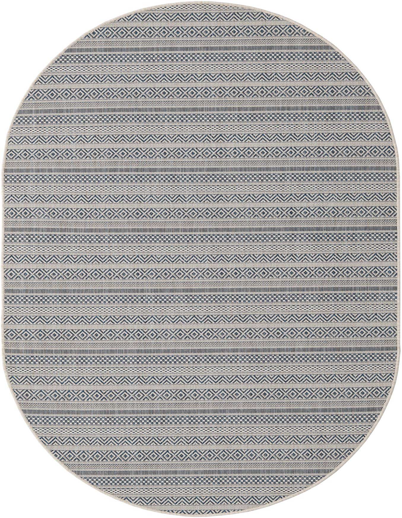 An oval 5'3" x 8'0" Rugs.com Outdoor Ribbon rug featuring light blue and off-white tribal and geometric patterns, ideal for a patio.