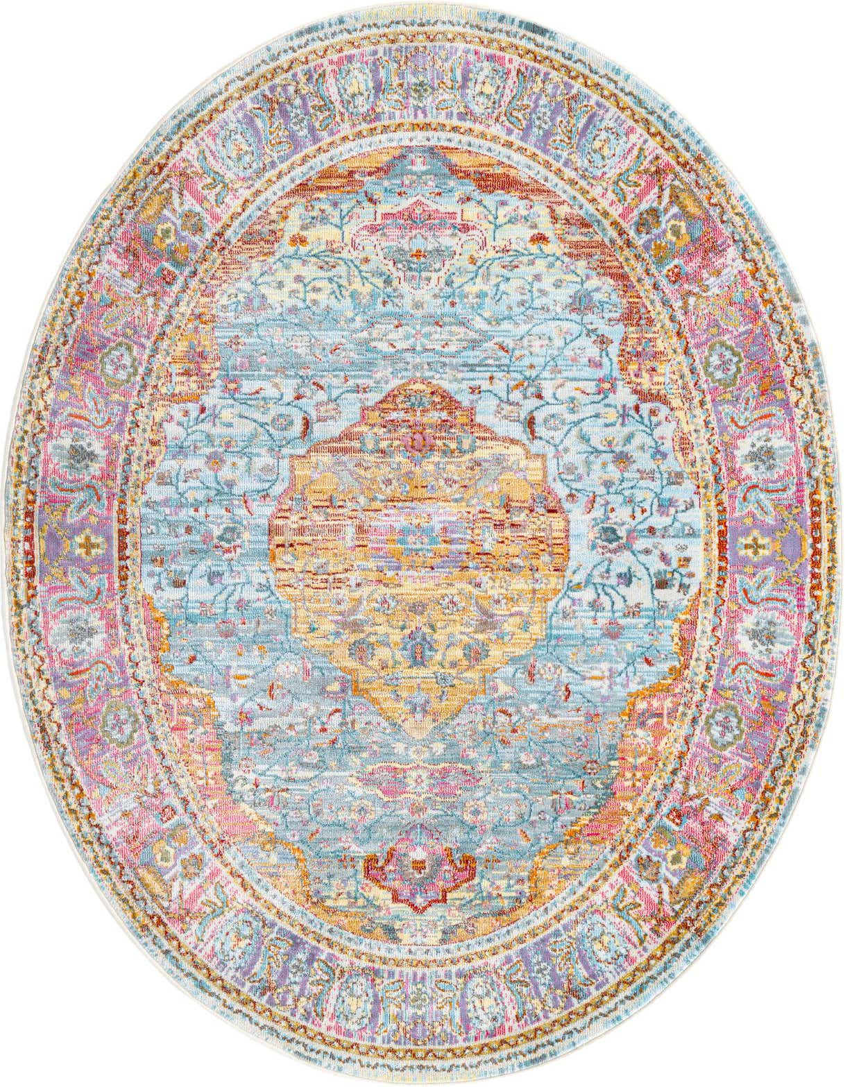 A 5' x 8' oval rug featuring a distressed bohemian medallion pattern in shades of blue, pink, and gold.