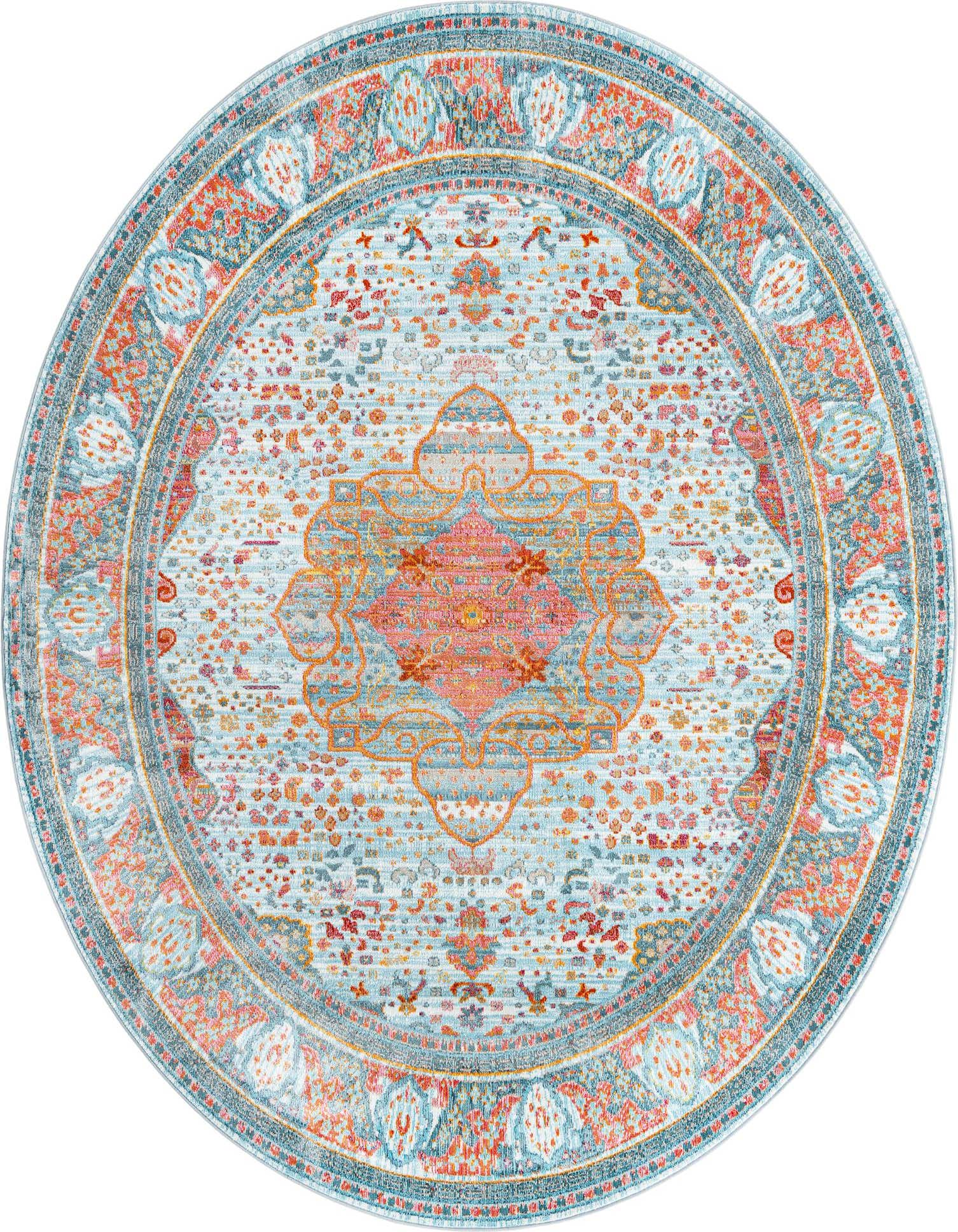A light blue oval rug with a vibrant traditional medallion pattern in shades of orange, coral, and teal.