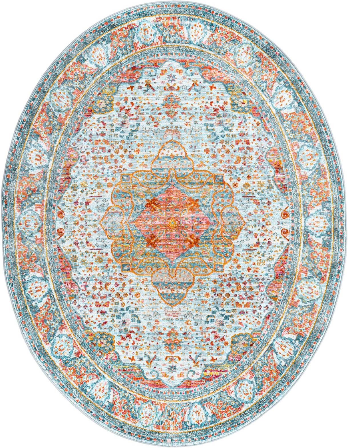A 5'x8' oval light blue rug with a distressed traditional medallion pattern in shades of blue, orange, and red.