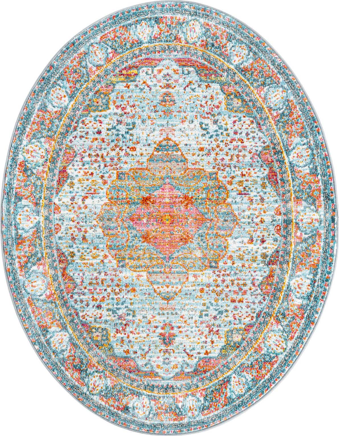 A 3'3" x 5'3" oval Santiago rug featuring a light blue background with a vibrant orange, pink, and teal traditional medallion pattern.