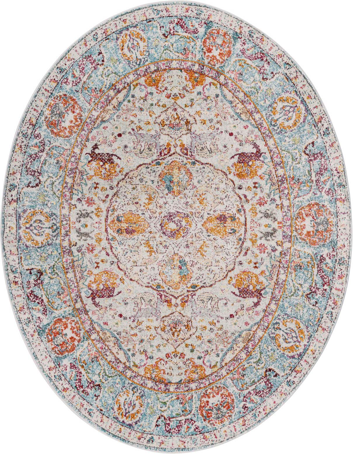 A 5'x8' oval Santiago rug with a light blue and orange medallion pattern, featuring distressed bohemian and traditional motifs.
