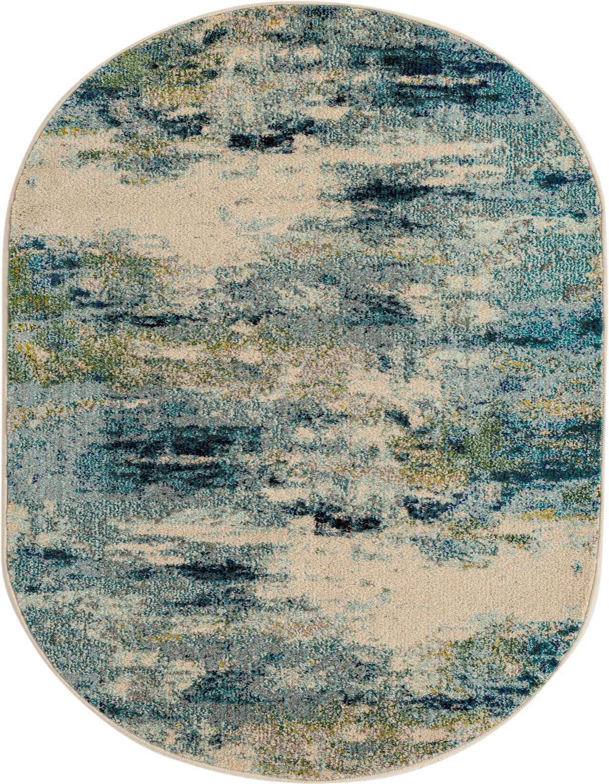 An oval 3' 3 x 5' 3 area rug with an abstract pattern in various shades of blue, teal, and beige, featuring a medium pile.