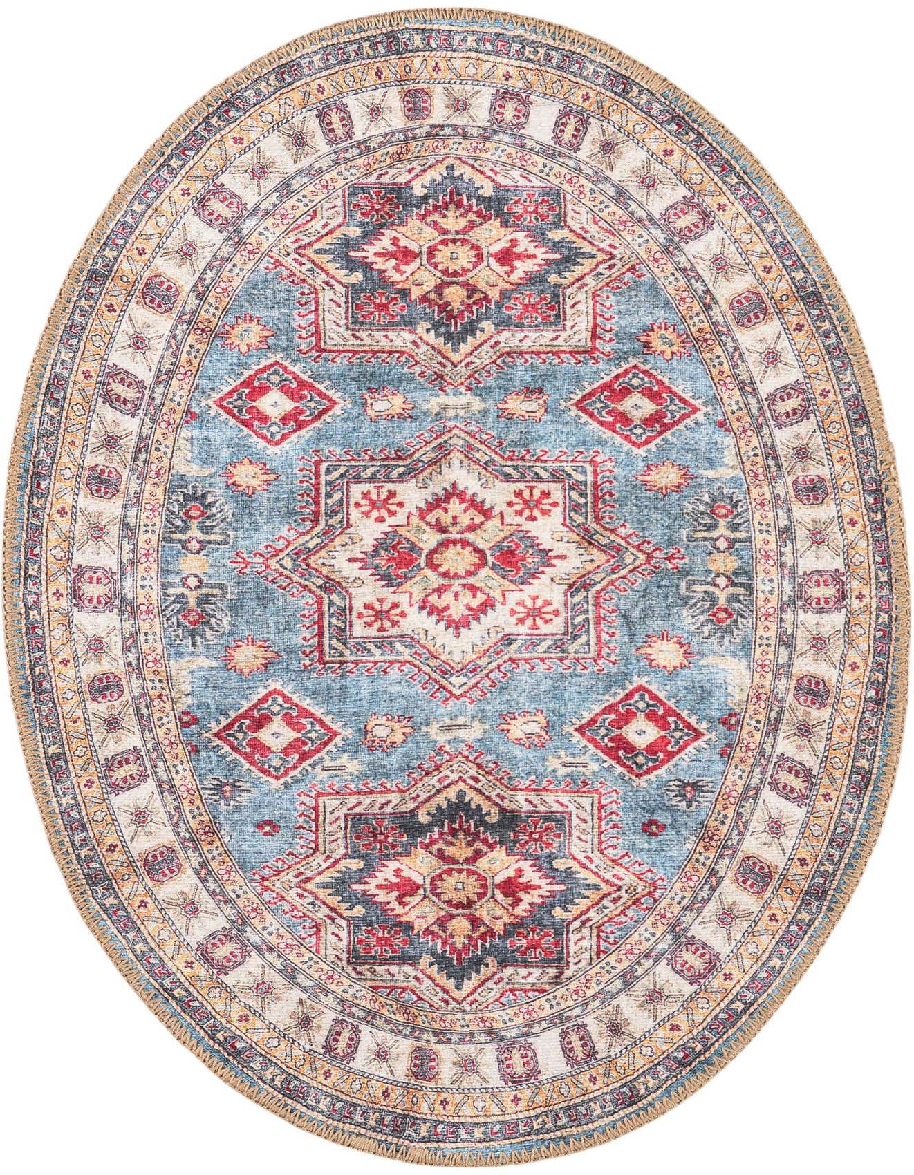 An oval 2' x 3' light blue rug with a traditional Oriental medallion pattern in red, cream, and gold.