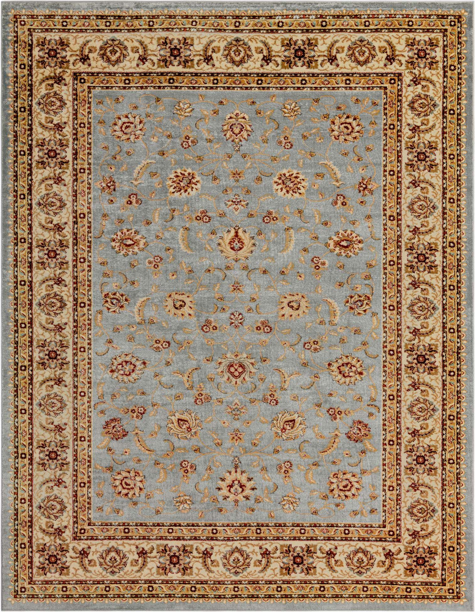 A 9x12 rectangular light blue traditional rug with an elaborate floral and vine pattern and a cream and brown ornate border.