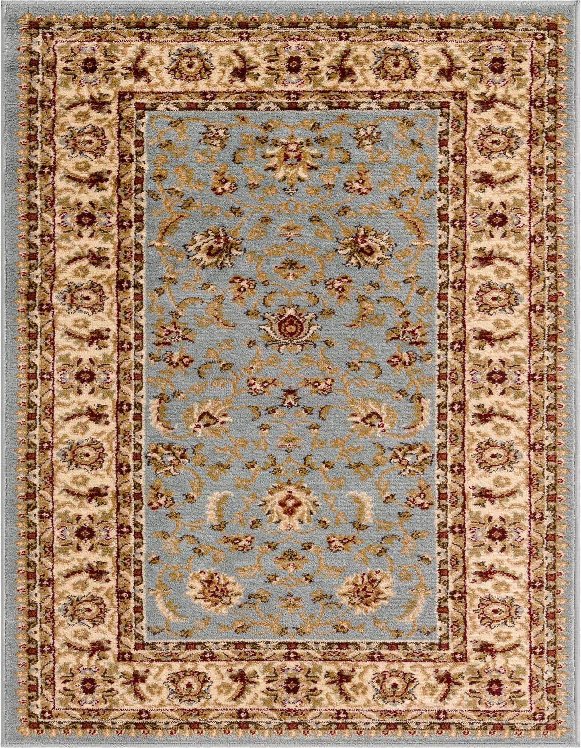 A 3x5 rectangular light blue traditional rug with an ornate floral and oriental pattern, featuring a cream and red border.