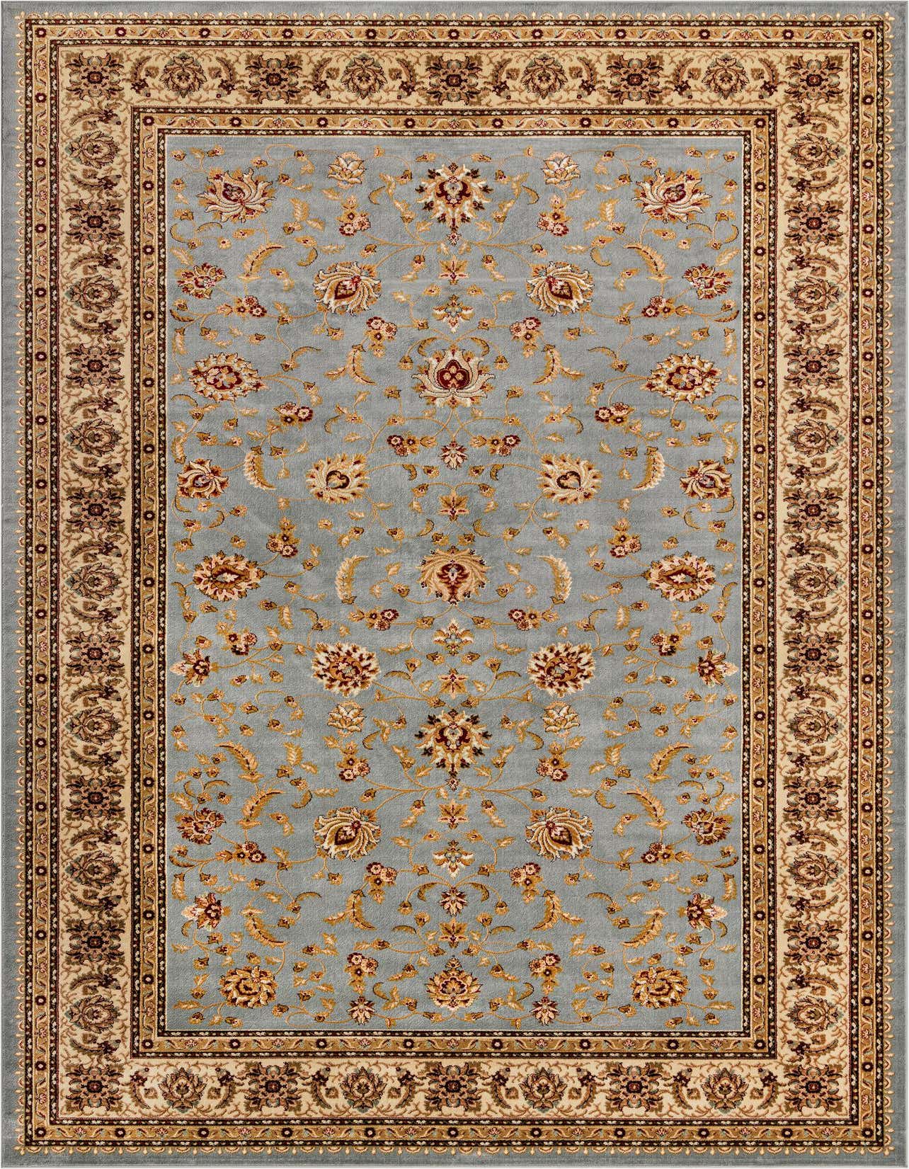 A 10x16 rectangular light blue traditional rug with an intricate floral and oriental pattern and a detailed beige and brown border.