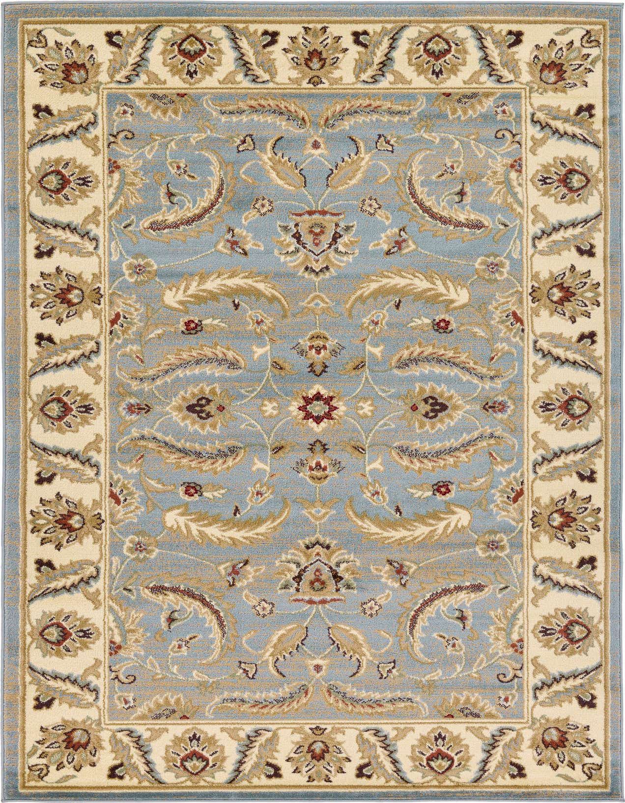 A 5x8 rectangular light blue rug with a traditional botanical pattern and a cream border, ideal for a living room.
