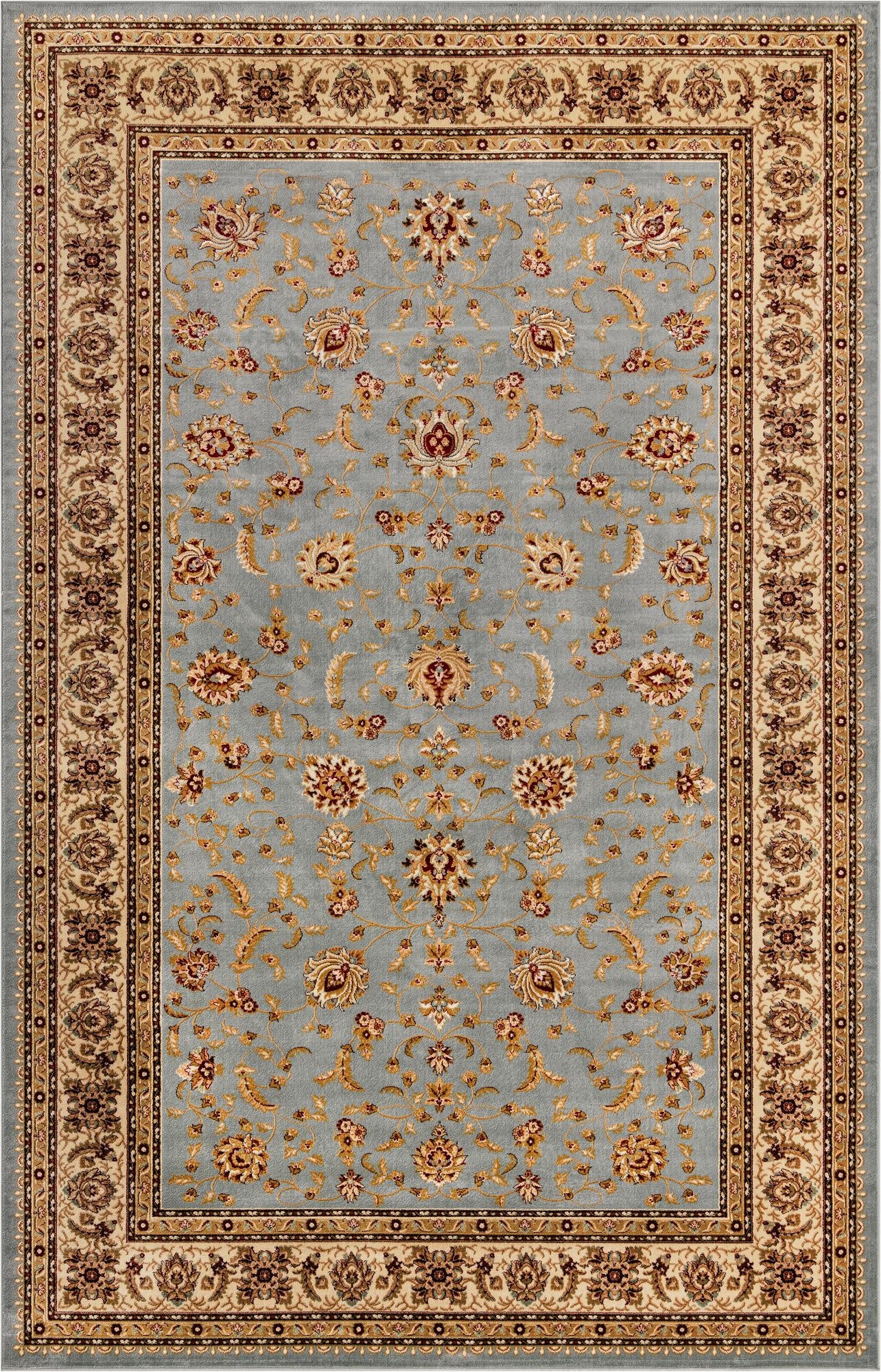 A 10x16 rectangular light blue traditional rug with an intricate floral and oriental pattern and a detailed beige and brown border.