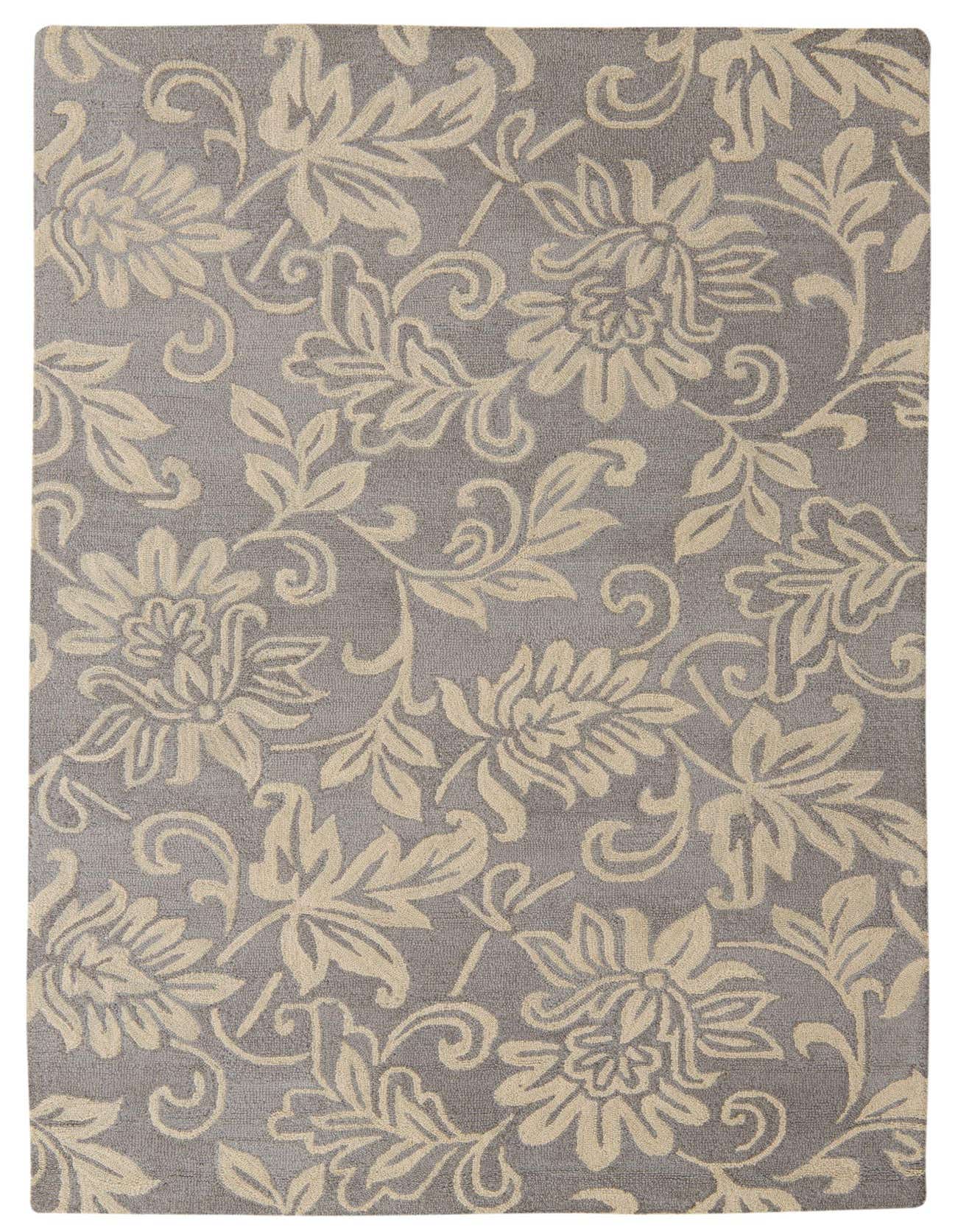 A 5x8 rectangular light blue modern area rug with an intricate beige floral and vine pattern, ideal for a living room.