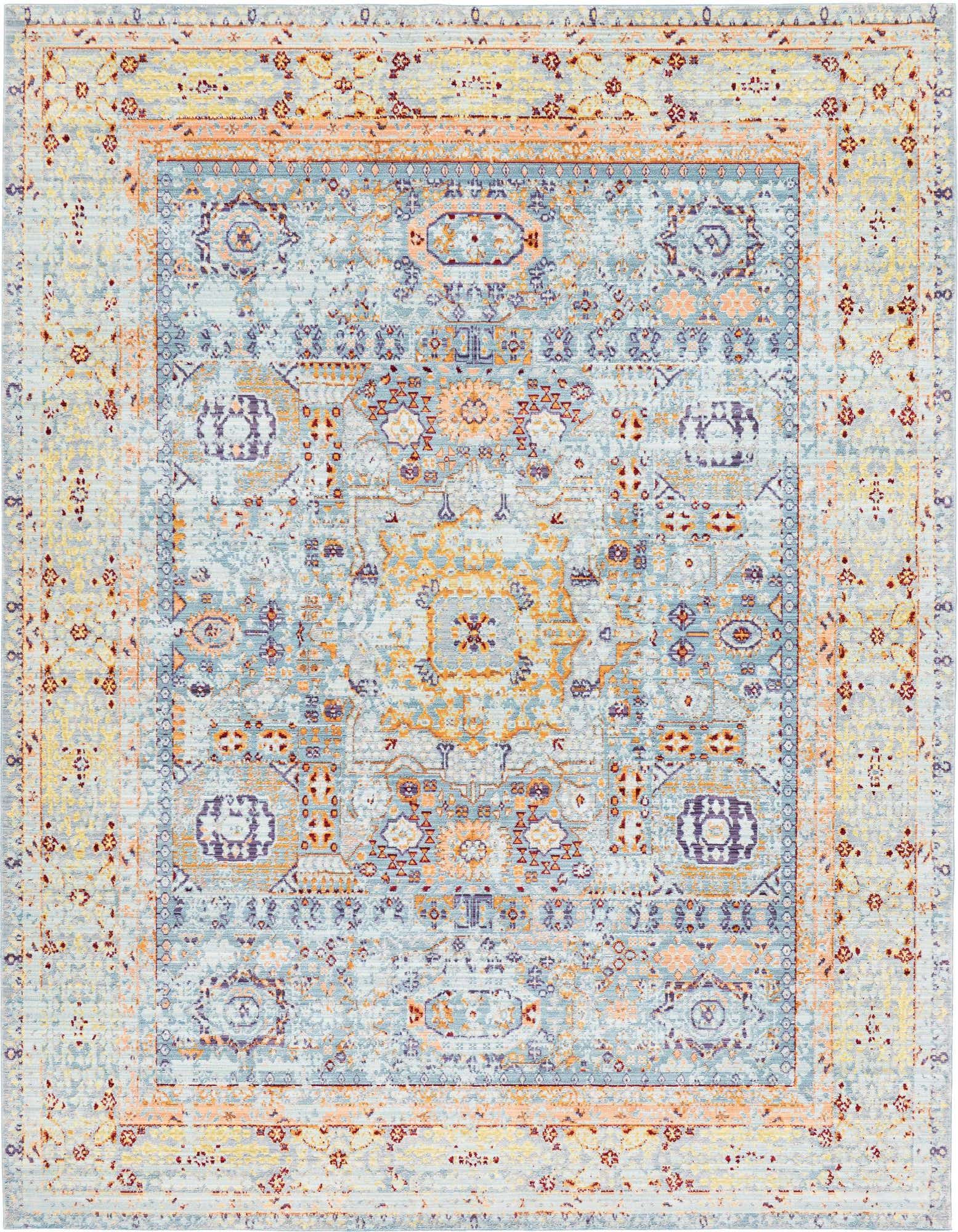 A 9x12 rectangular light blue area rug with a distressed traditional medallion pattern in blues, oranges, and purples.