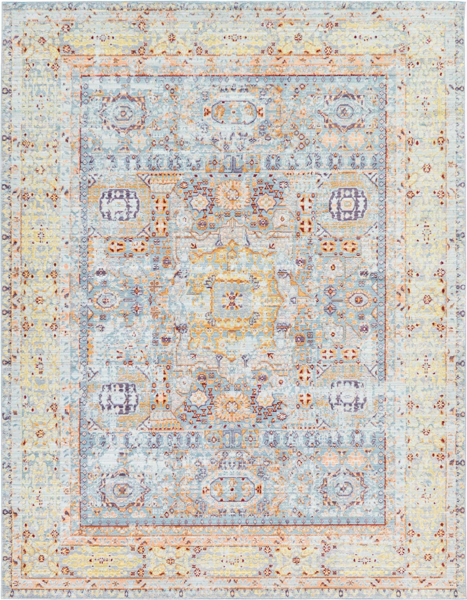 A 7x10 rectangular light blue rug with a distressed traditional medallion pattern in yellow, orange, and purple.