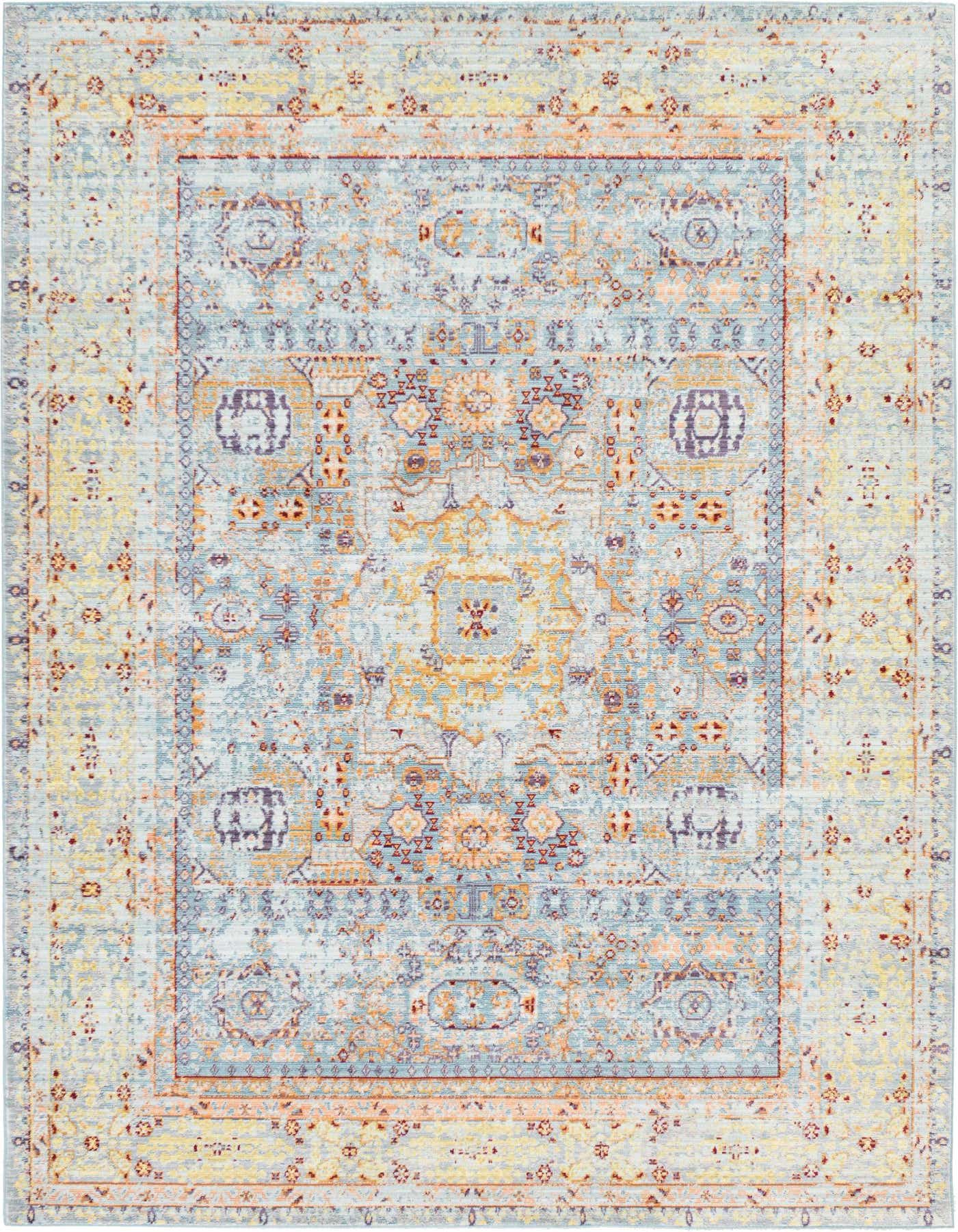 A 6x9 rectangular Alexis rug featuring a distressed traditional medallion pattern in light blues, yellows, and oranges.