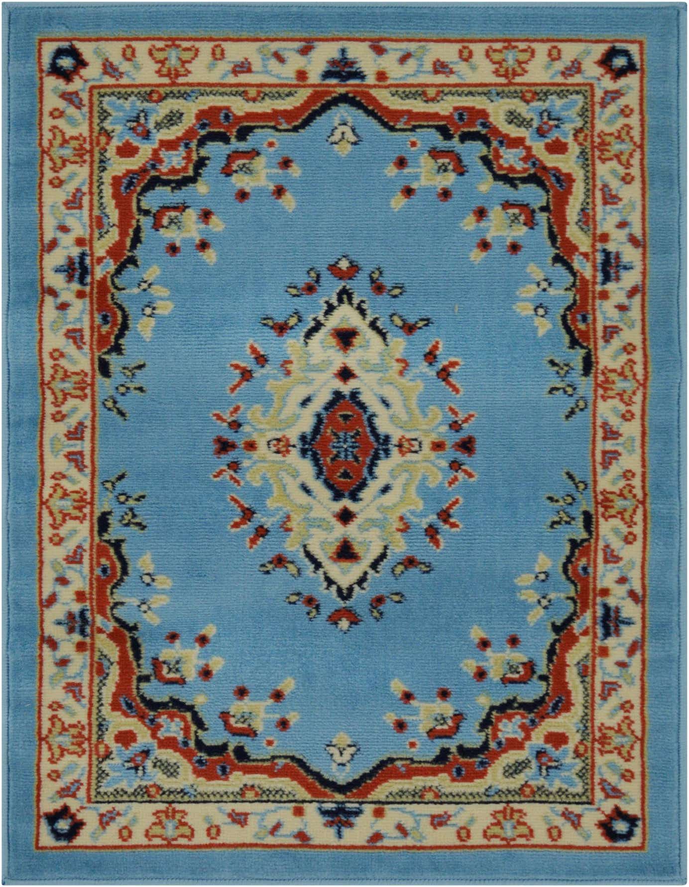 A 2x3 rectangular light blue traditional rug with an ornate red, cream, and navy medallion pattern, ideal for a kitchen or entryway.