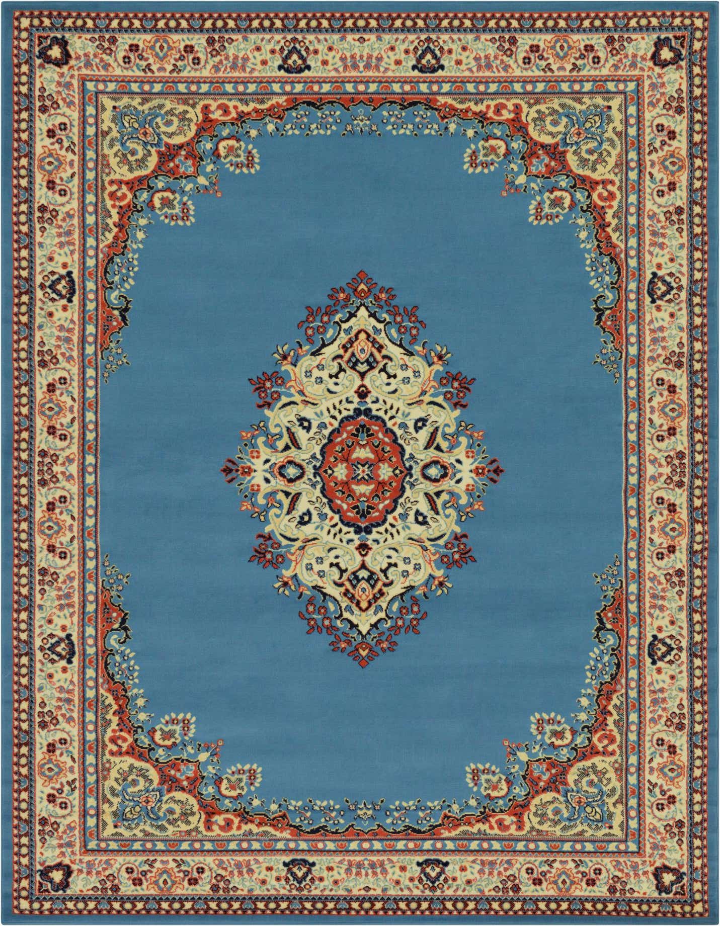 A 7x10 rectangular light blue traditional rug with an ornate central medallion and intricate floral border in cream, red, and navy.