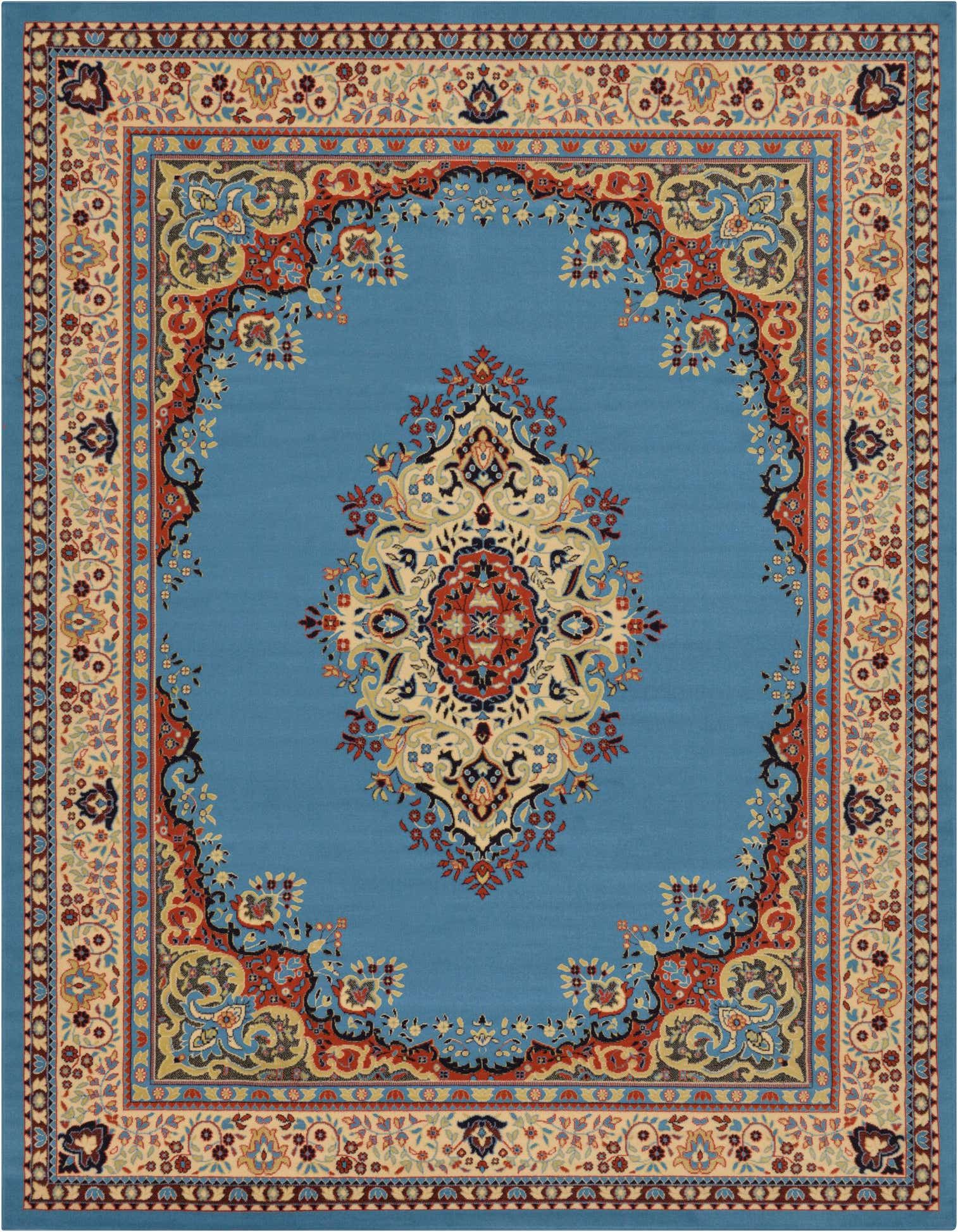 A 9x12 rectangular light blue traditional rug with an intricate oriental medallion pattern and a detailed border.