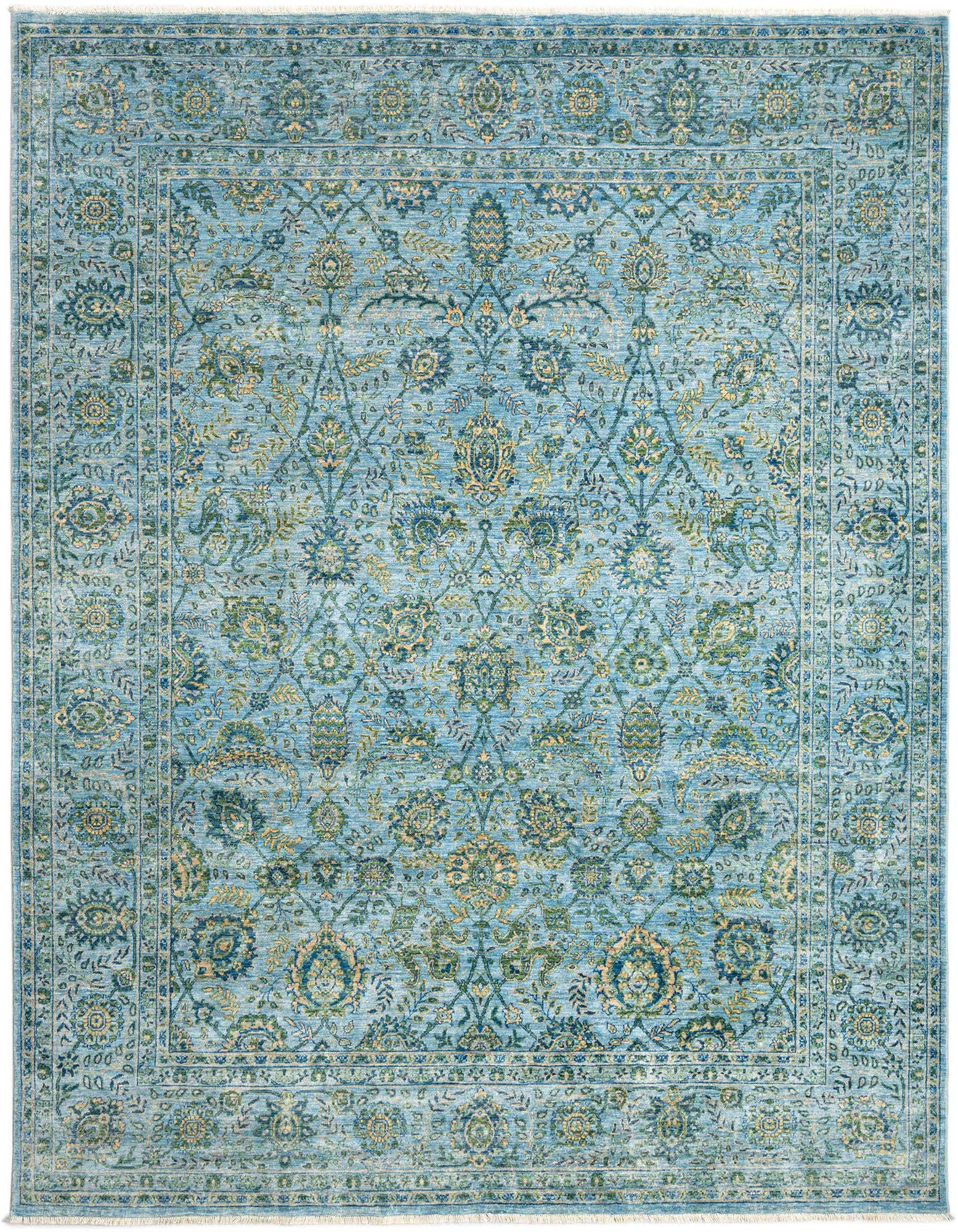 An 8x10 rectangular light blue Persian wool rug with intricate floral and medallion patterns in varying shades of blue, green, and gold.