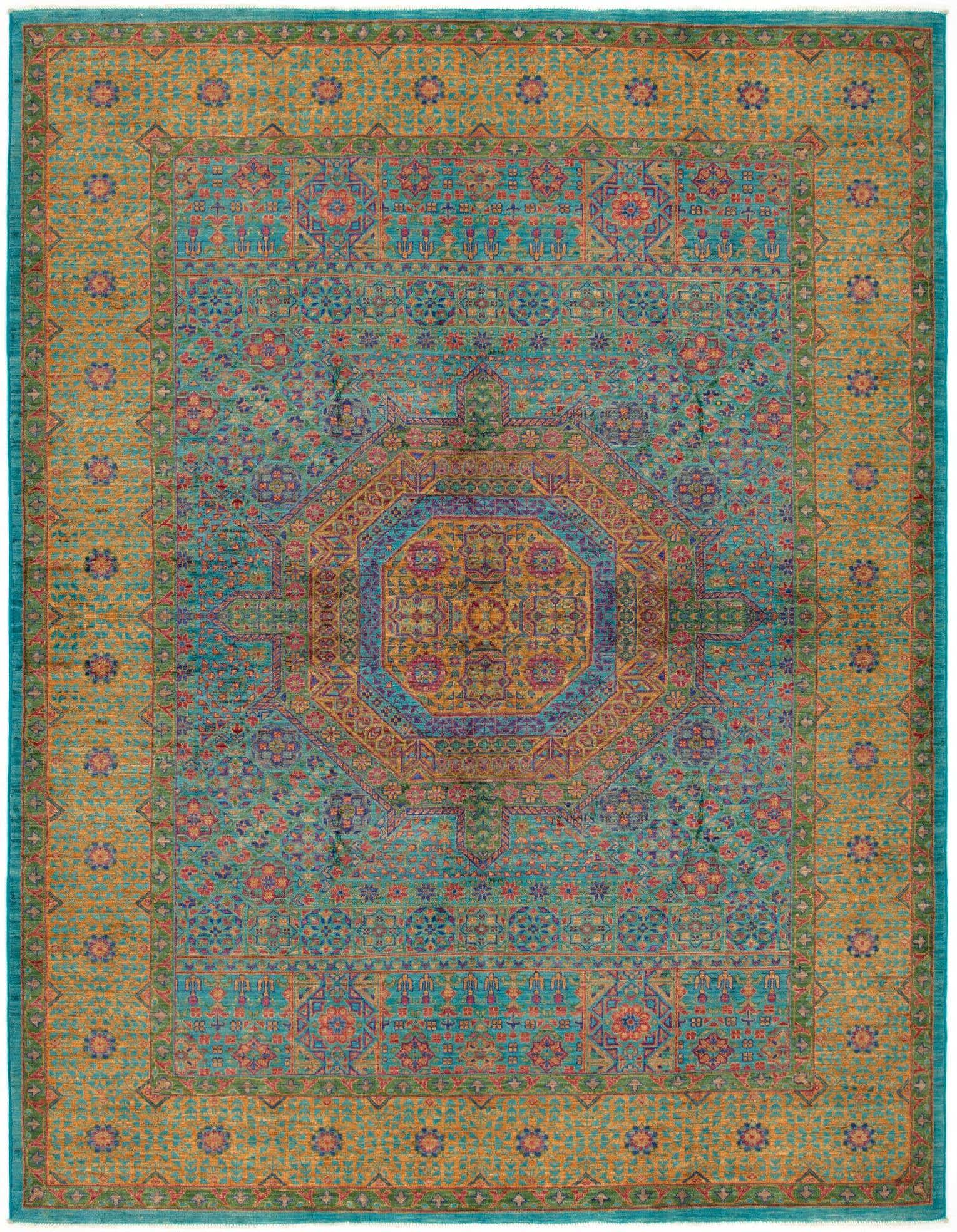 A 5x8 rectangular Persian rug in blues and gold, featuring an intricate medallion and floral patterns, suitable for a living room.