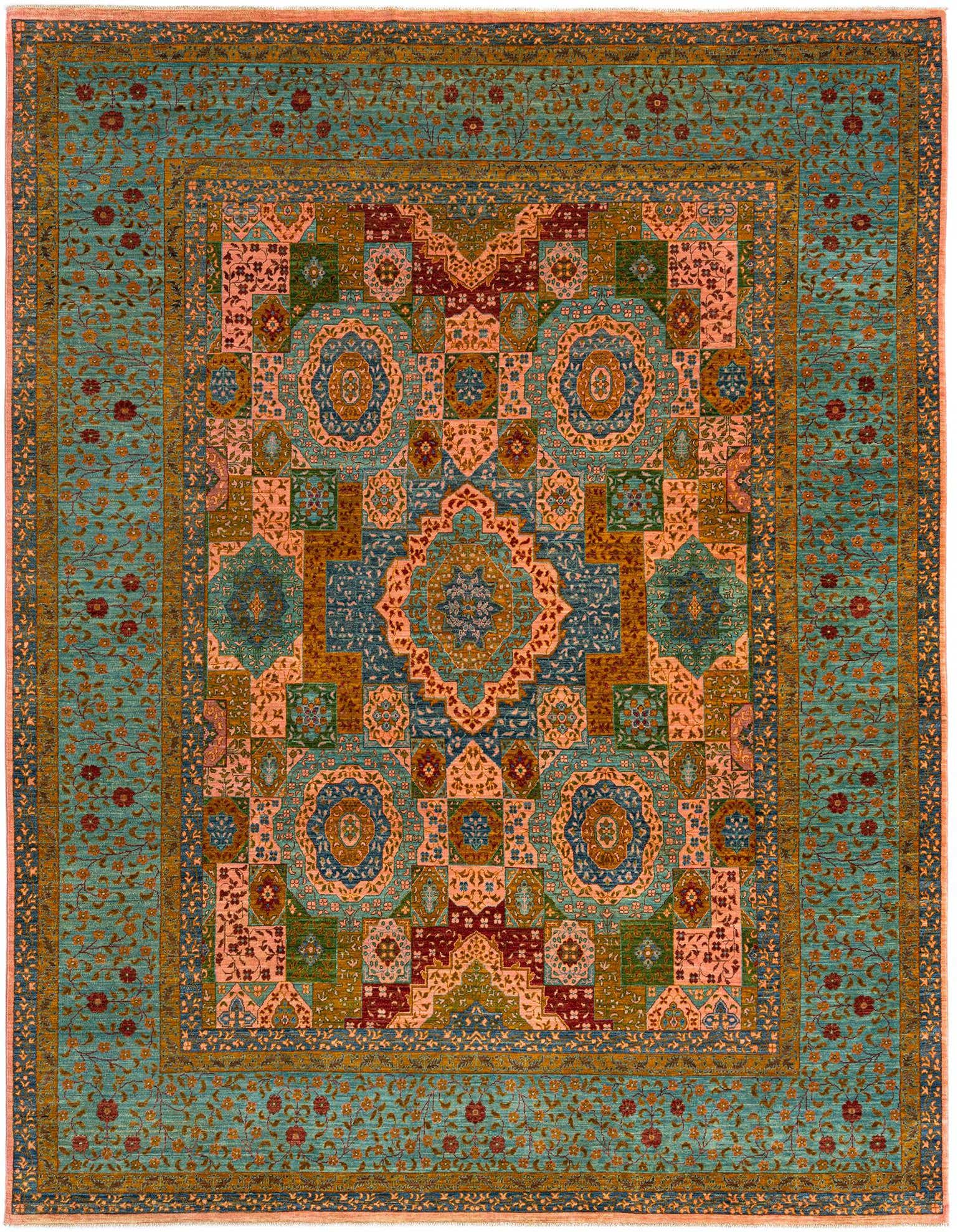 An 8x11 rectangular Persian rug in blues, peach, and gold with intricate floral and medallion patterns.