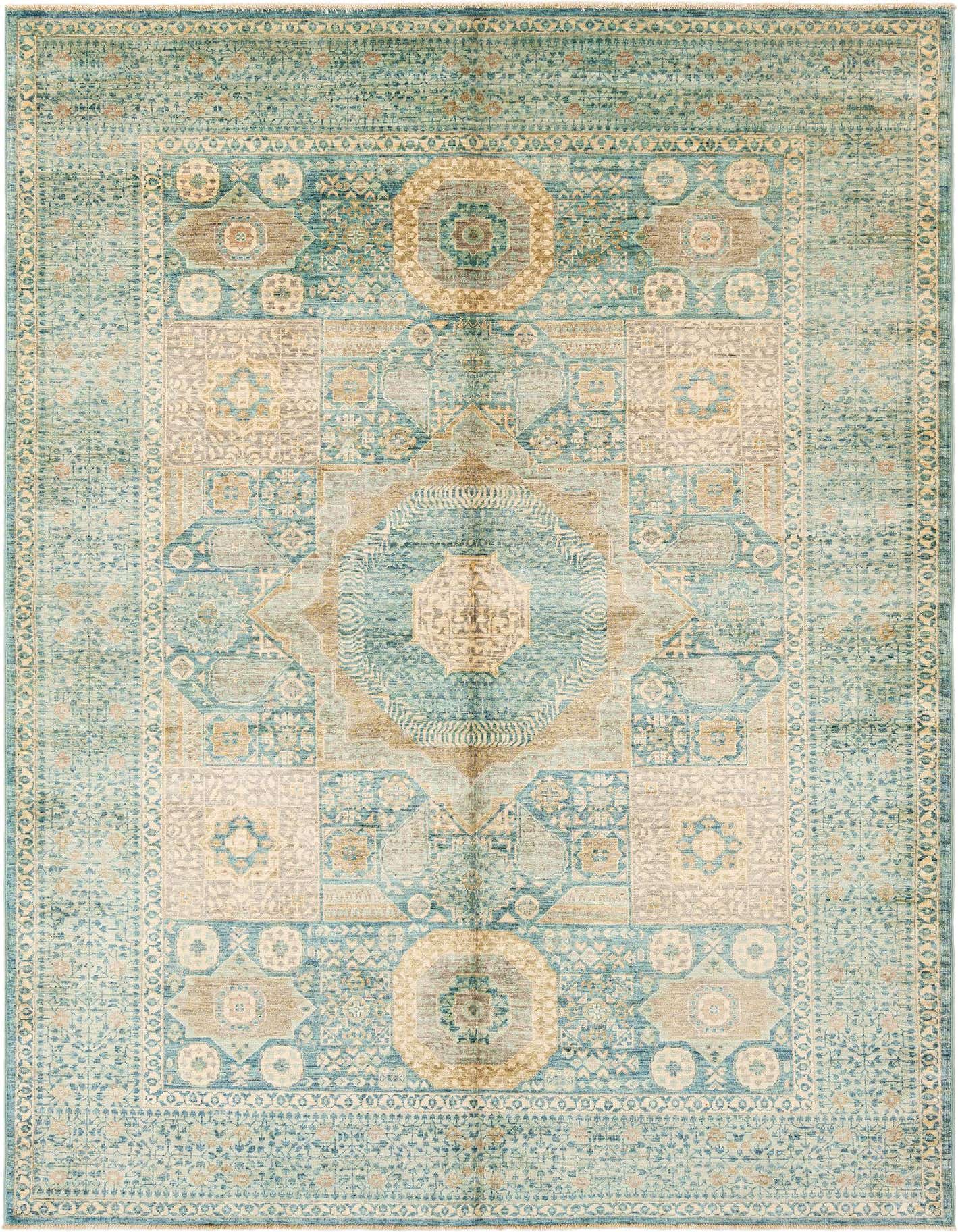 A rectangular handmade Persian rug in varying shades of blue with intricate traditional patterns and a central medallion.