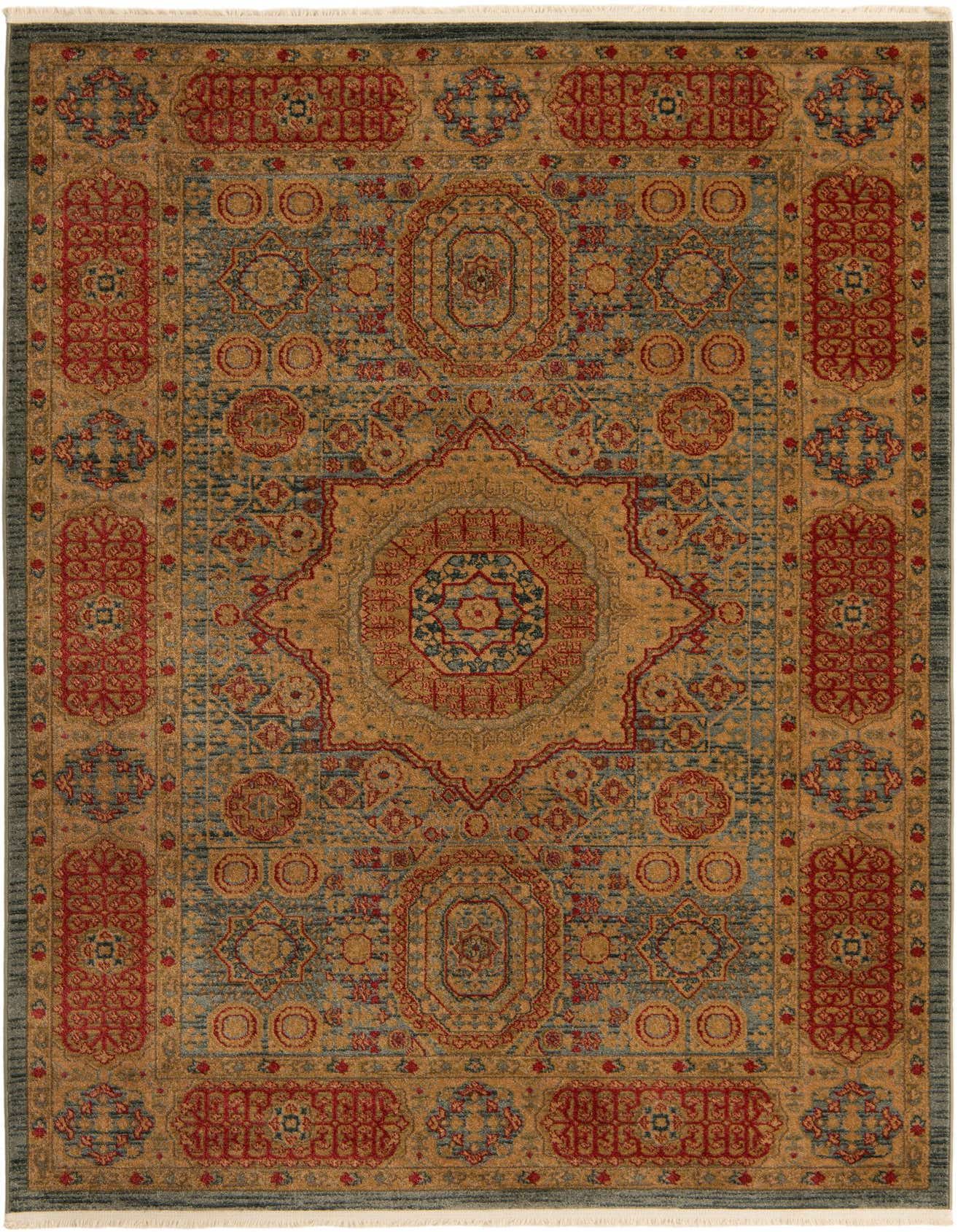 A 6x9 rectangular Amina rug with a distressed traditional medallion pattern in blues, gold, and red.