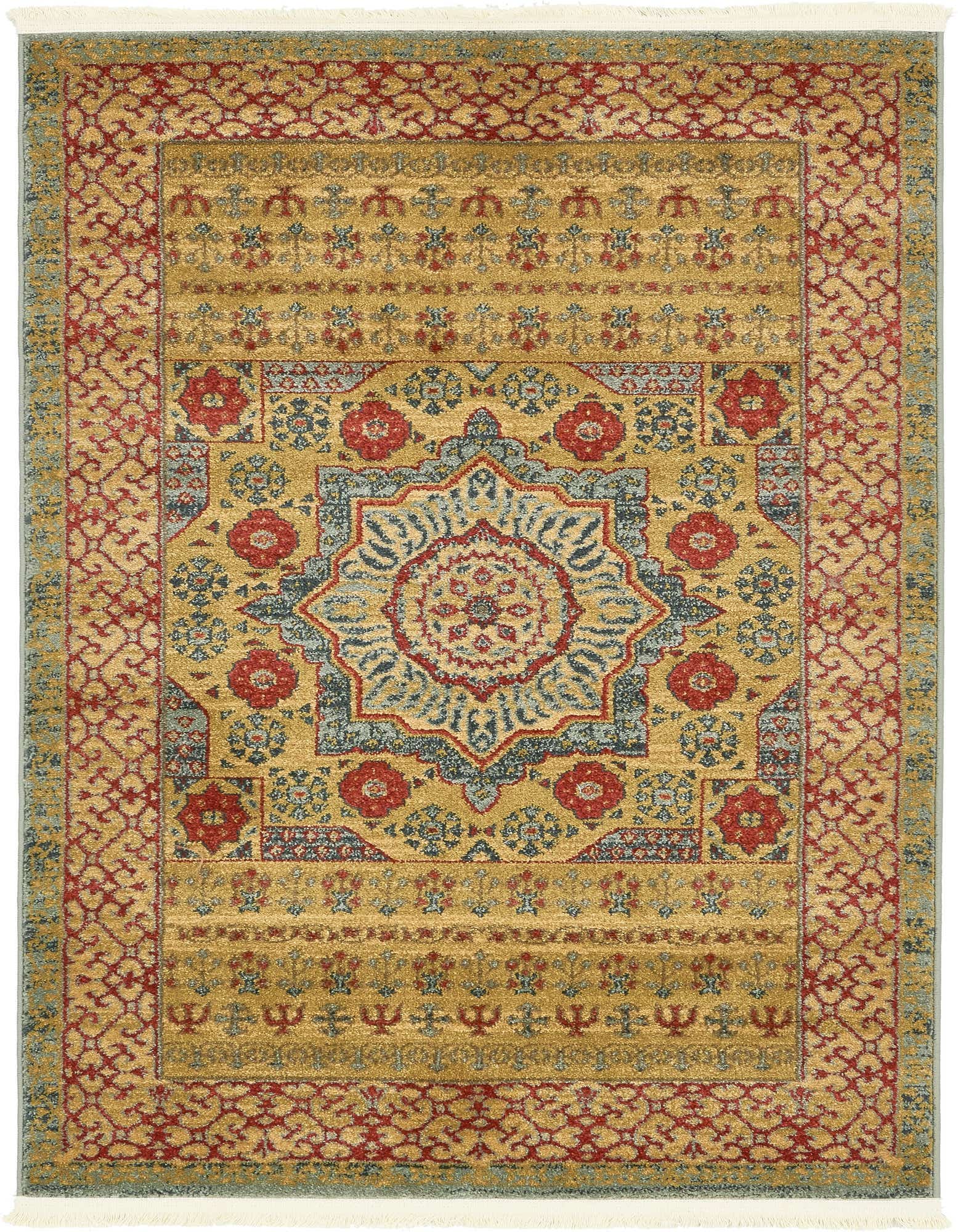 A 3x5 rectangular Amina rug featuring a traditional medallion pattern in shades of blue, red, and gold, with white fringe.