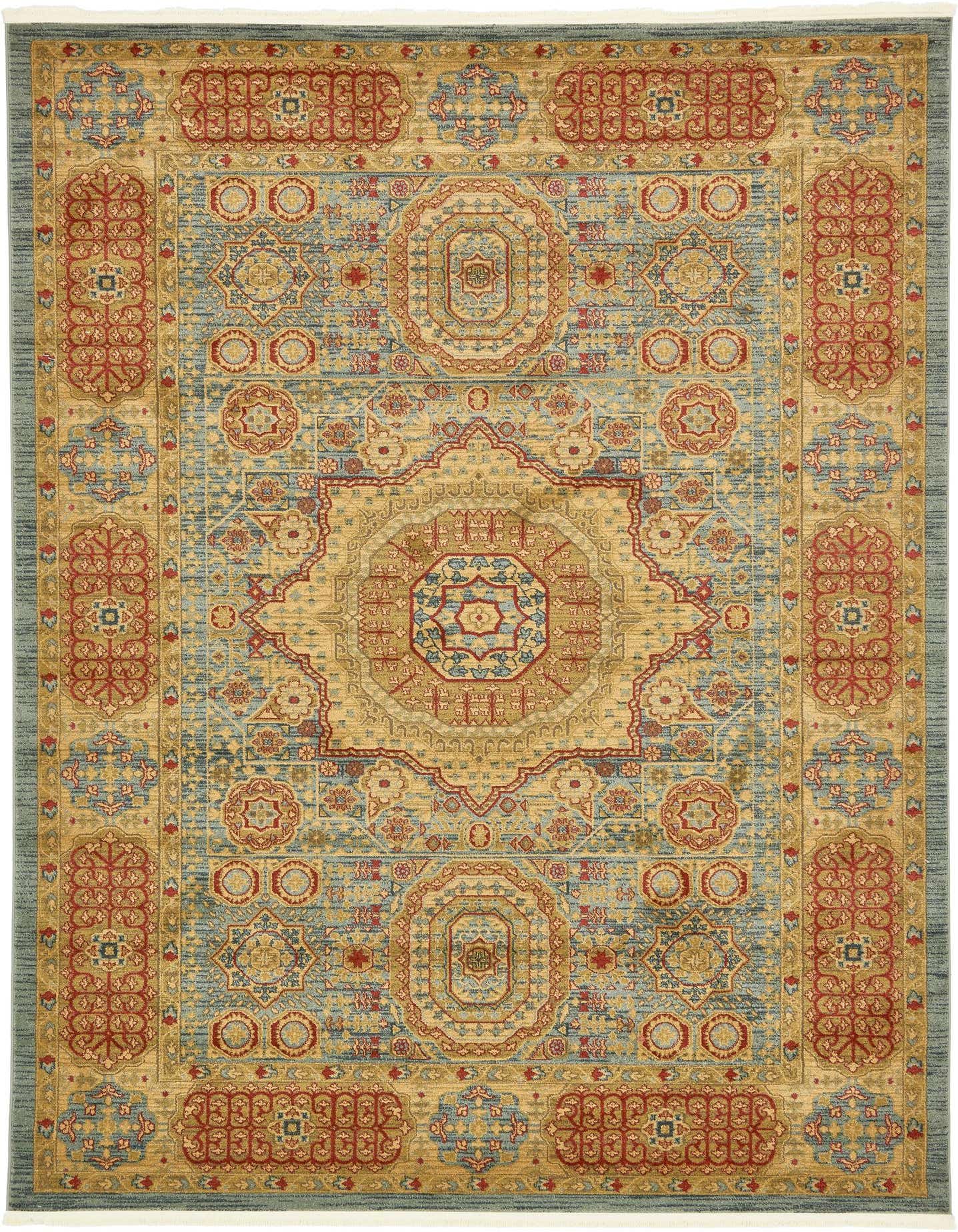 An 8x11 rectangular Amina rug featuring a traditional medallion pattern in light blue, gold, and red tones.