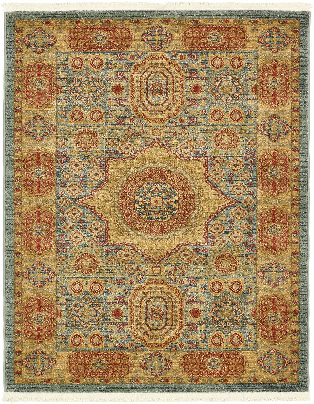A 3x5 rectangular Amina rug featuring a distressed traditional medallion pattern in blues, gold, and red tones.