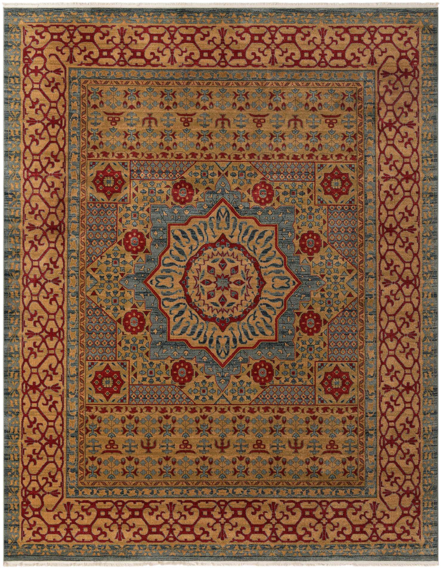 A 10x13 rectangular Amina rug featuring a traditional medallion pattern in blues, gold, and red, perfect for a living room.