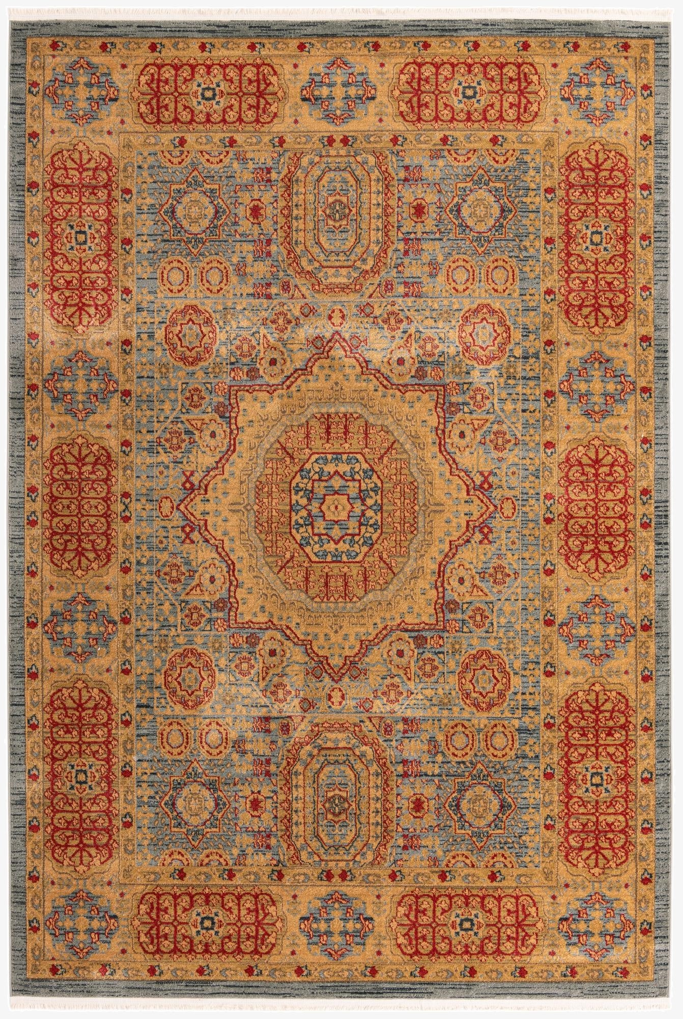 A 7x10 rectangular Amina rug featuring a distressed traditional medallion pattern in light blue, gold, and red tones.