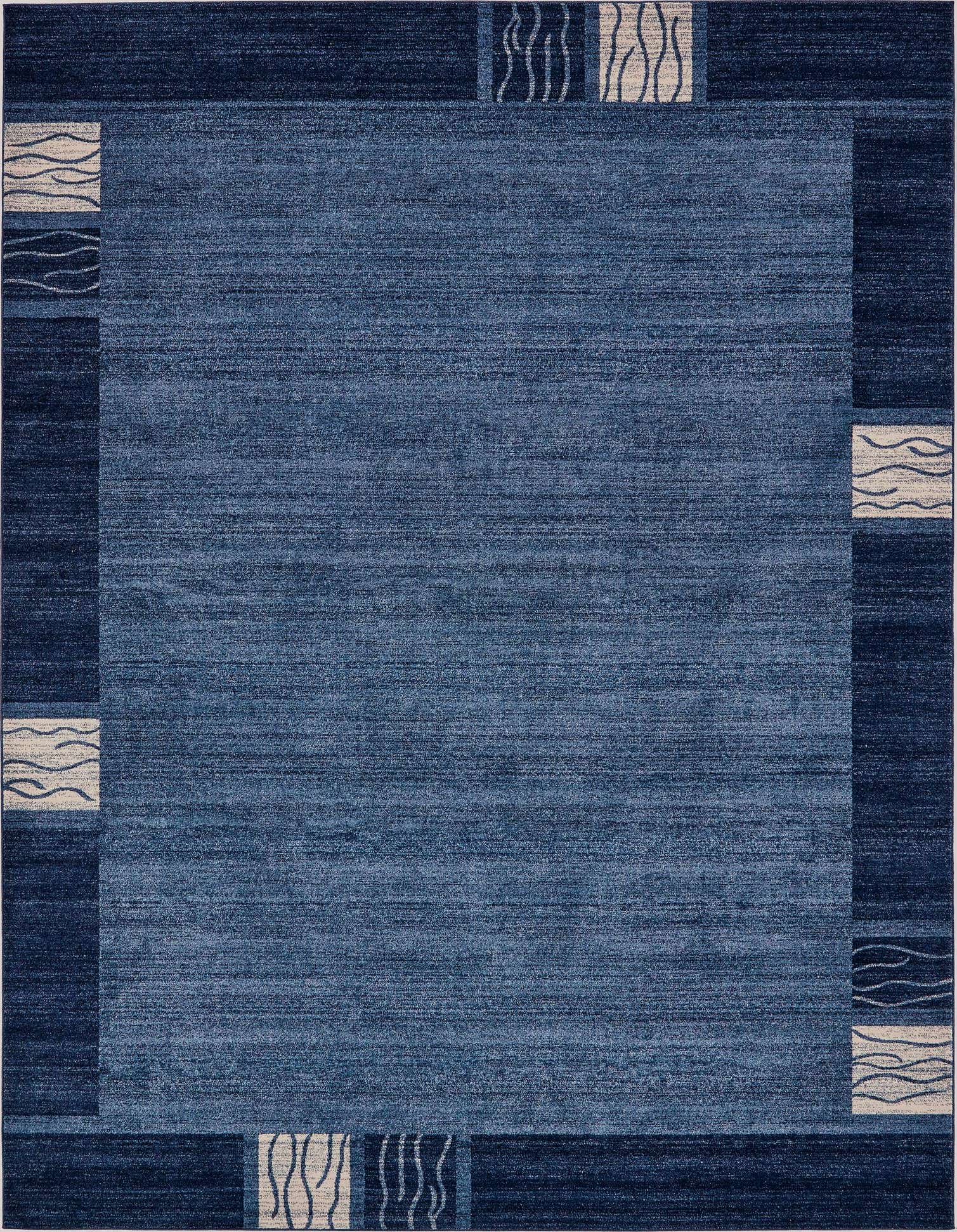 A 10x13 rectangular blue area rug with a contemporary coastal design, featuring a solid light blue center and a border with dark blue and beige wave patterns.