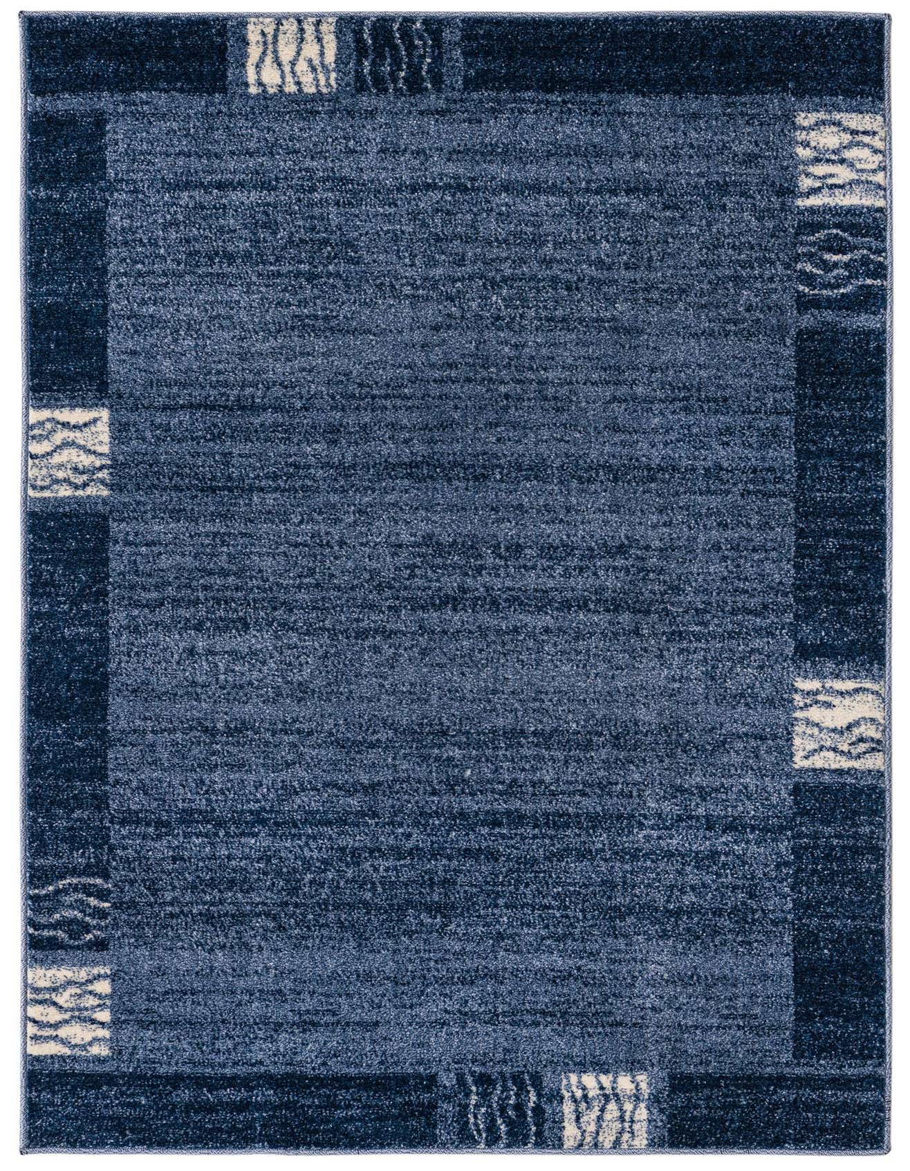 A 4x6 rectangular blue area rug with a medium pile, featuring a darker blue border with abstract light blue wave patterns.