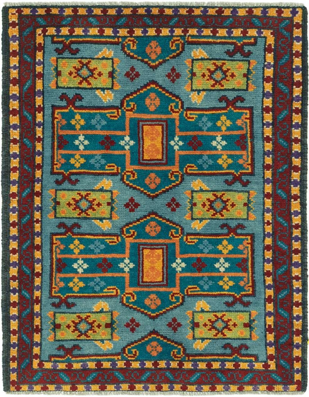 A 3x4 rectangular Balouch rug featuring a light blue field with intricate tribal and medallion patterns in orange, red, yellow, and green, framed by a dark red border.