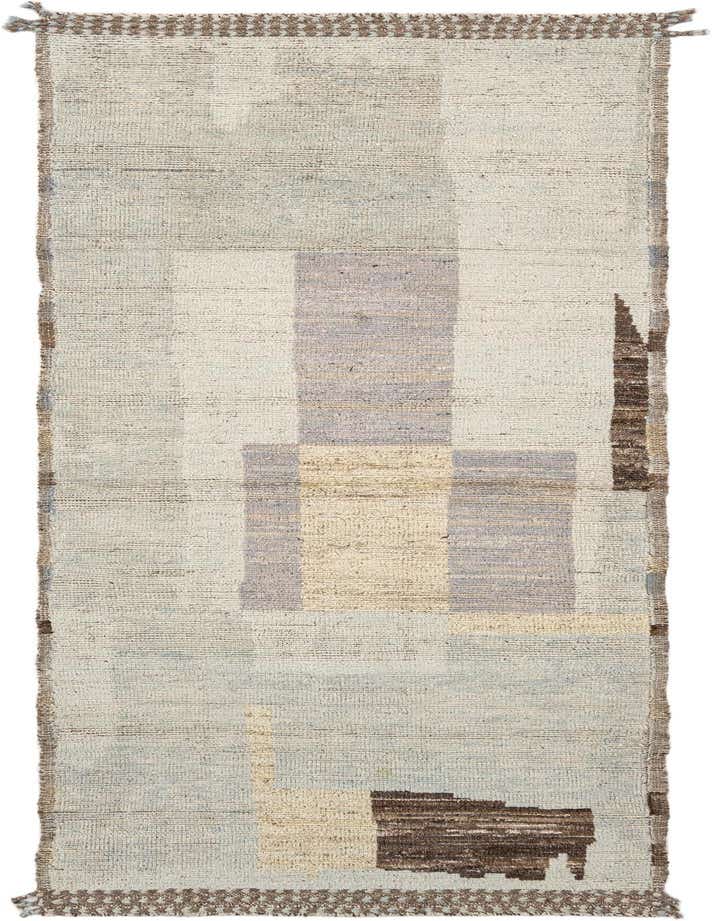 A rectangular handmade wool rug featuring a light blue and cream geometric pattern with brown accents, ideal for an indoor space.