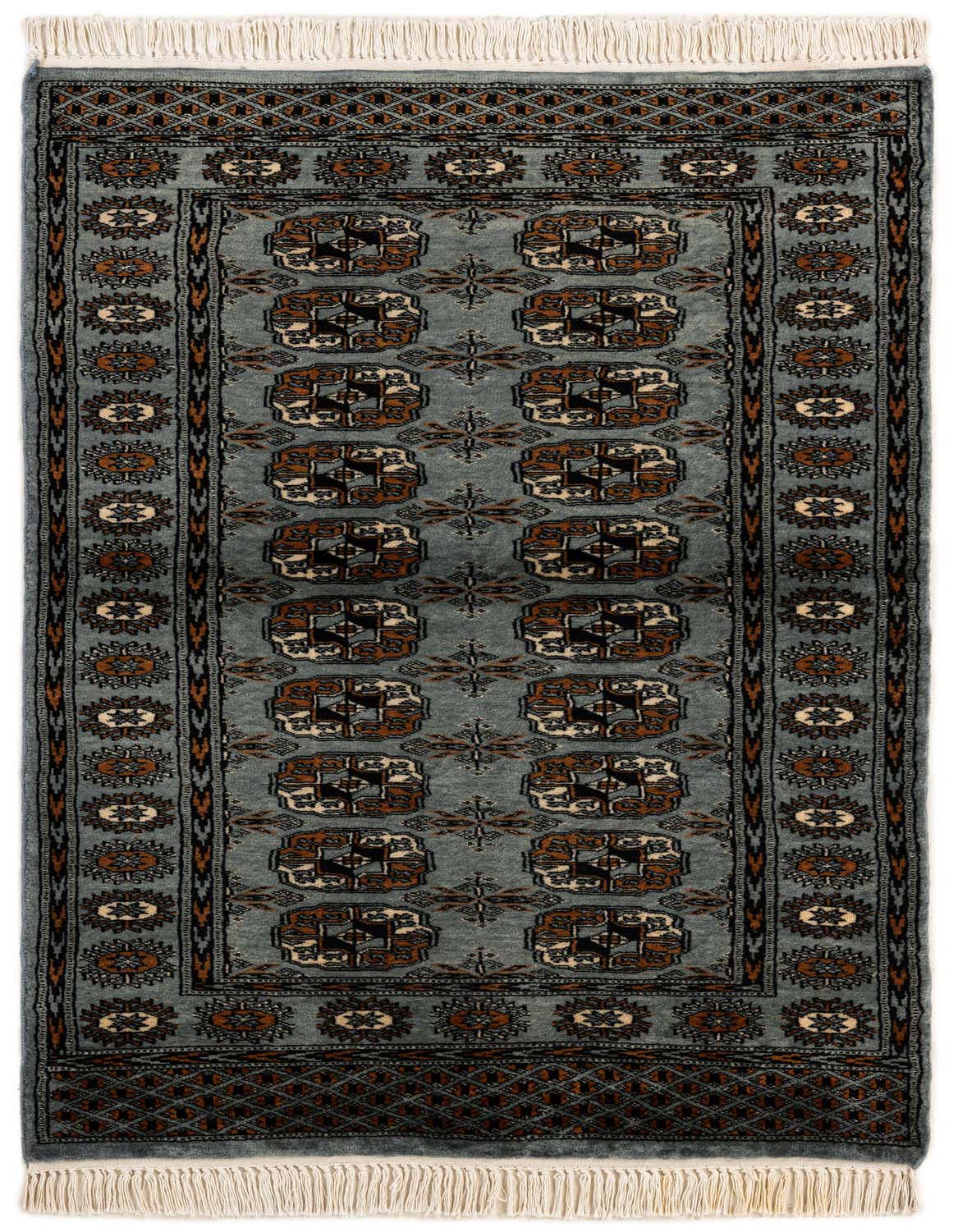 A 3x5 rectangular light blue tribal rug with intricate brown and black patterns, featuring white fringe.