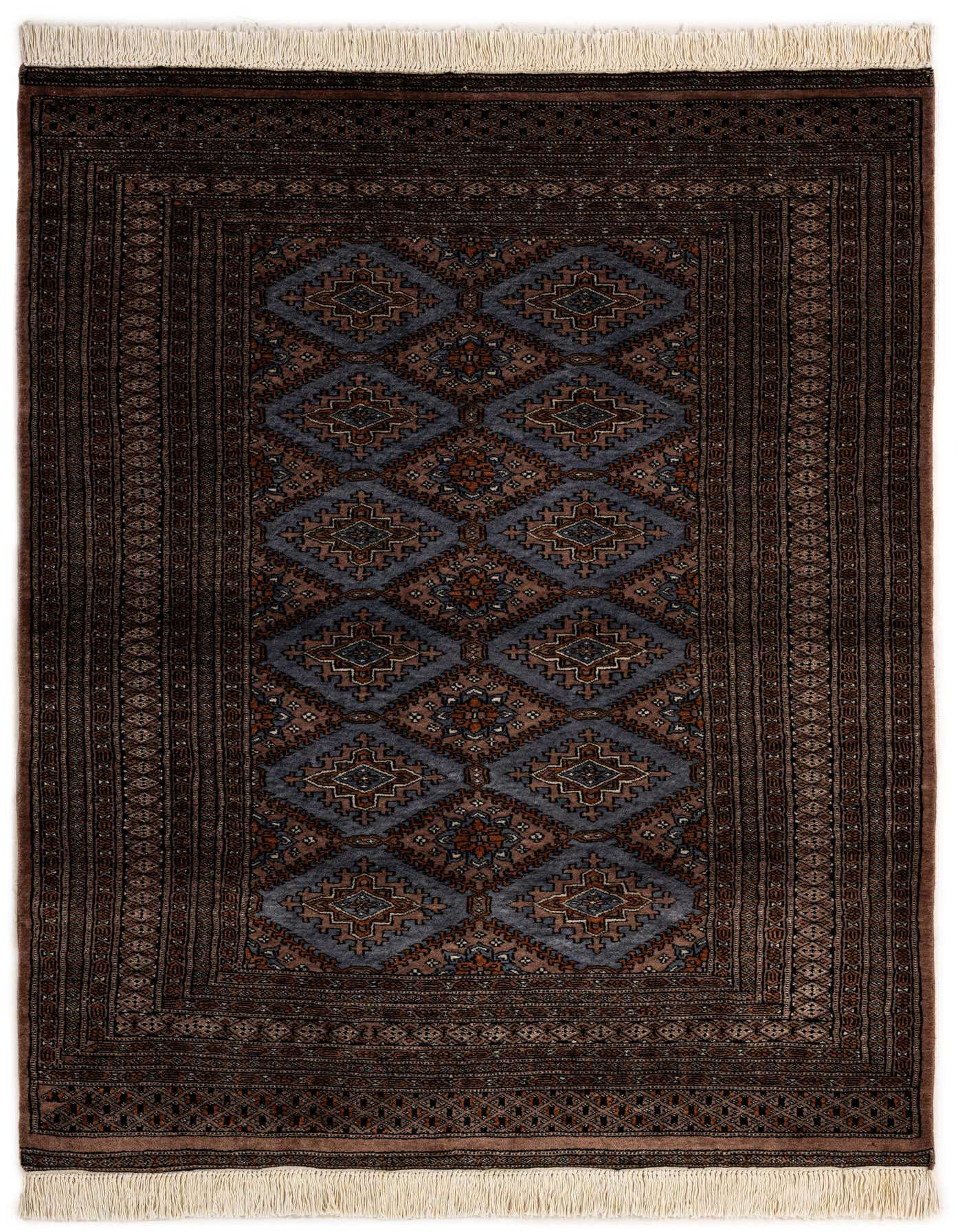 A 4x6 rectangular Bokhara wool rug featuring a traditional tribal pattern in shades of blue and brown with fringe.