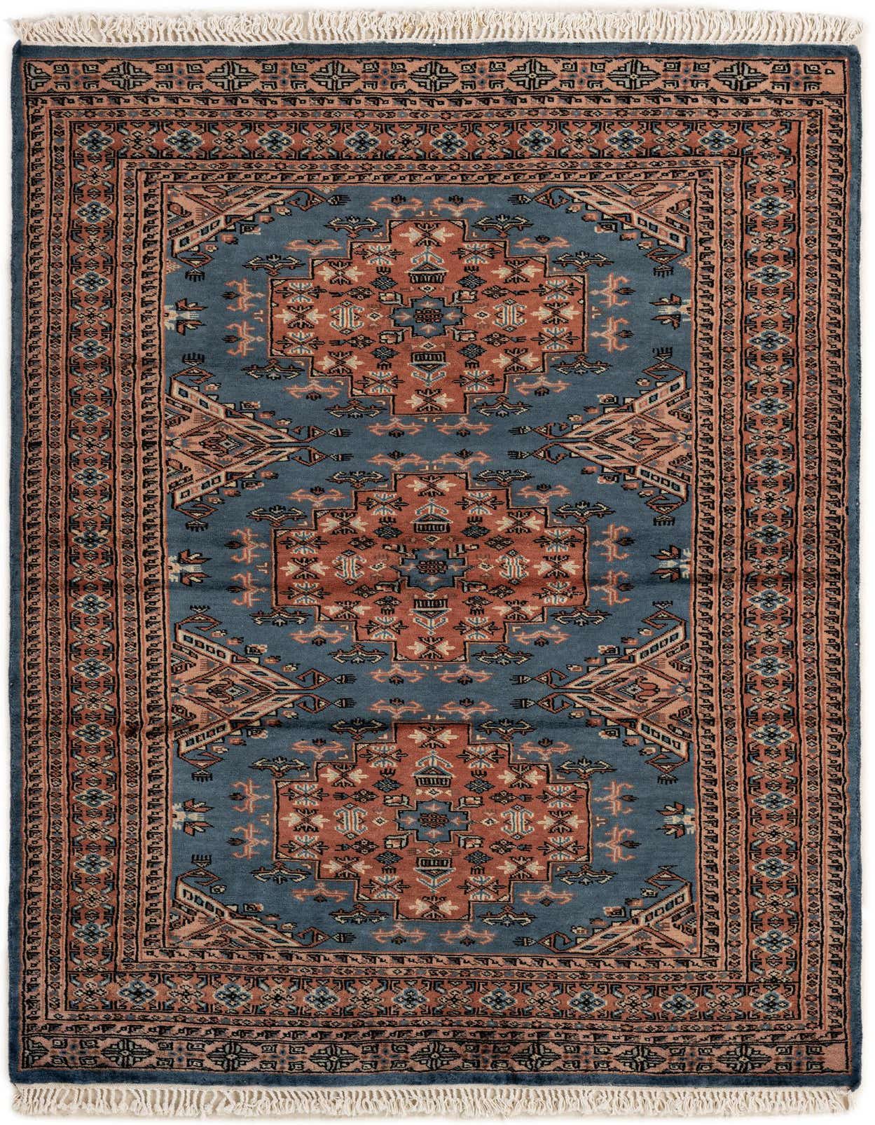 A 4x6 rectangular Bokhara rug featuring a light blue field with intricate terracotta, black, and cream tribal patterns and a detailed border, suitable for an entryway or living room.