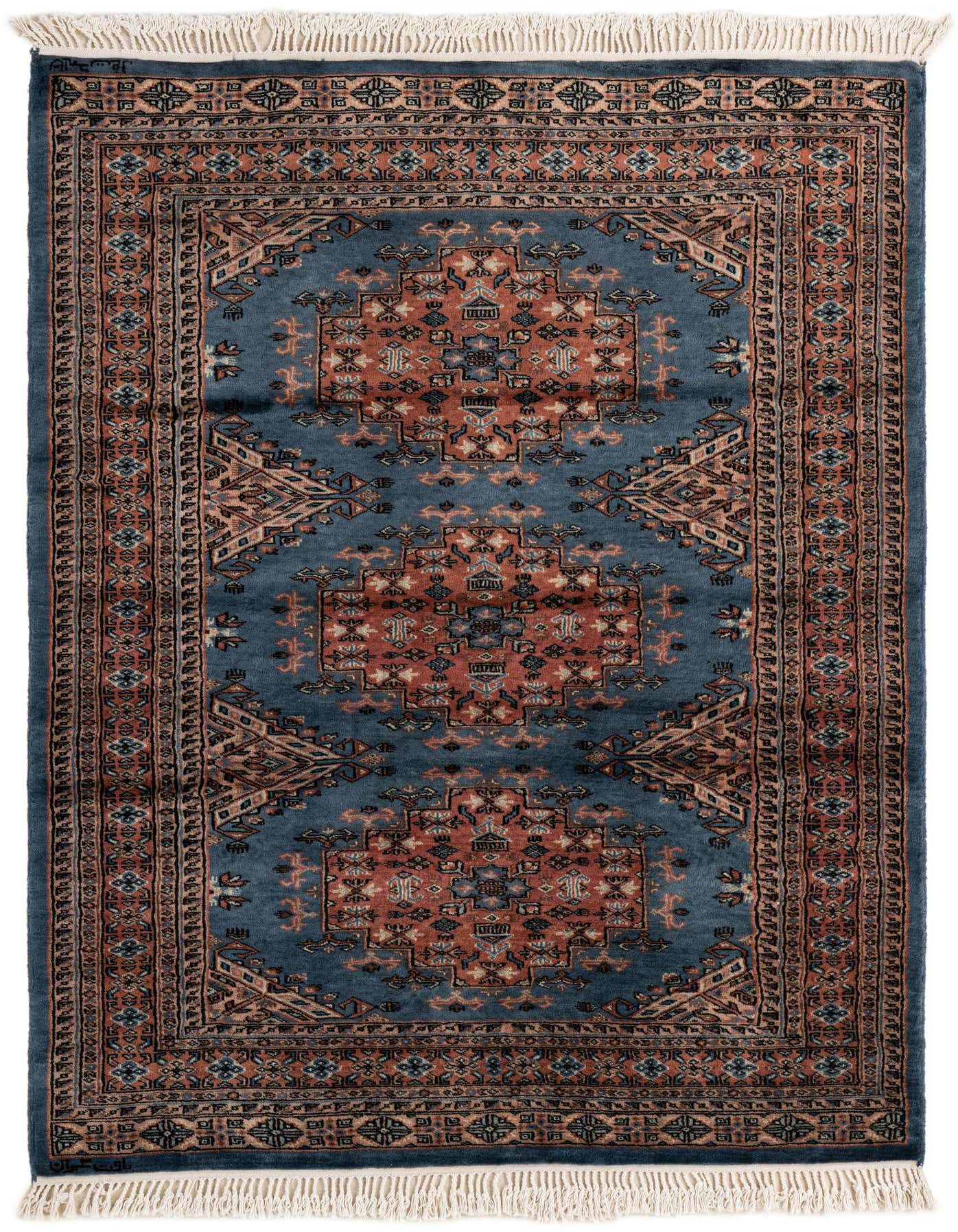 A 4x6 rectangular Bokhara rug featuring a traditional tribal pattern in blues and terracotta, with fringe.