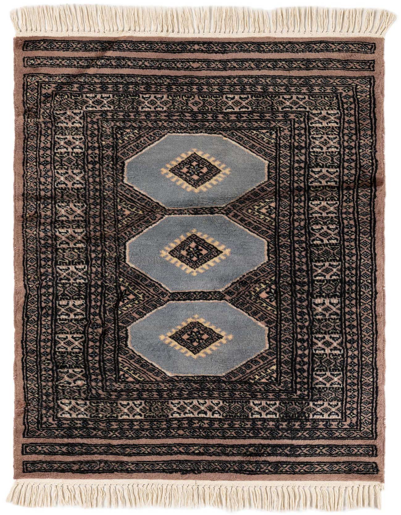 A 3x4 rectangular Bokhara wool rug featuring a light blue field with three central medallions, bordered by traditional tribal patterns in brown and black, with white fringe.