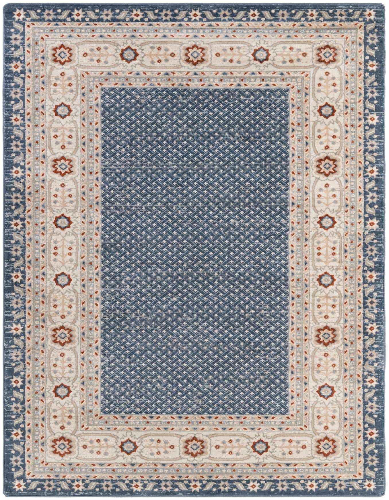 A 6x9 rectangular Charlotte Collection rug with a light blue modern geometric center and a cream border with floral motifs.