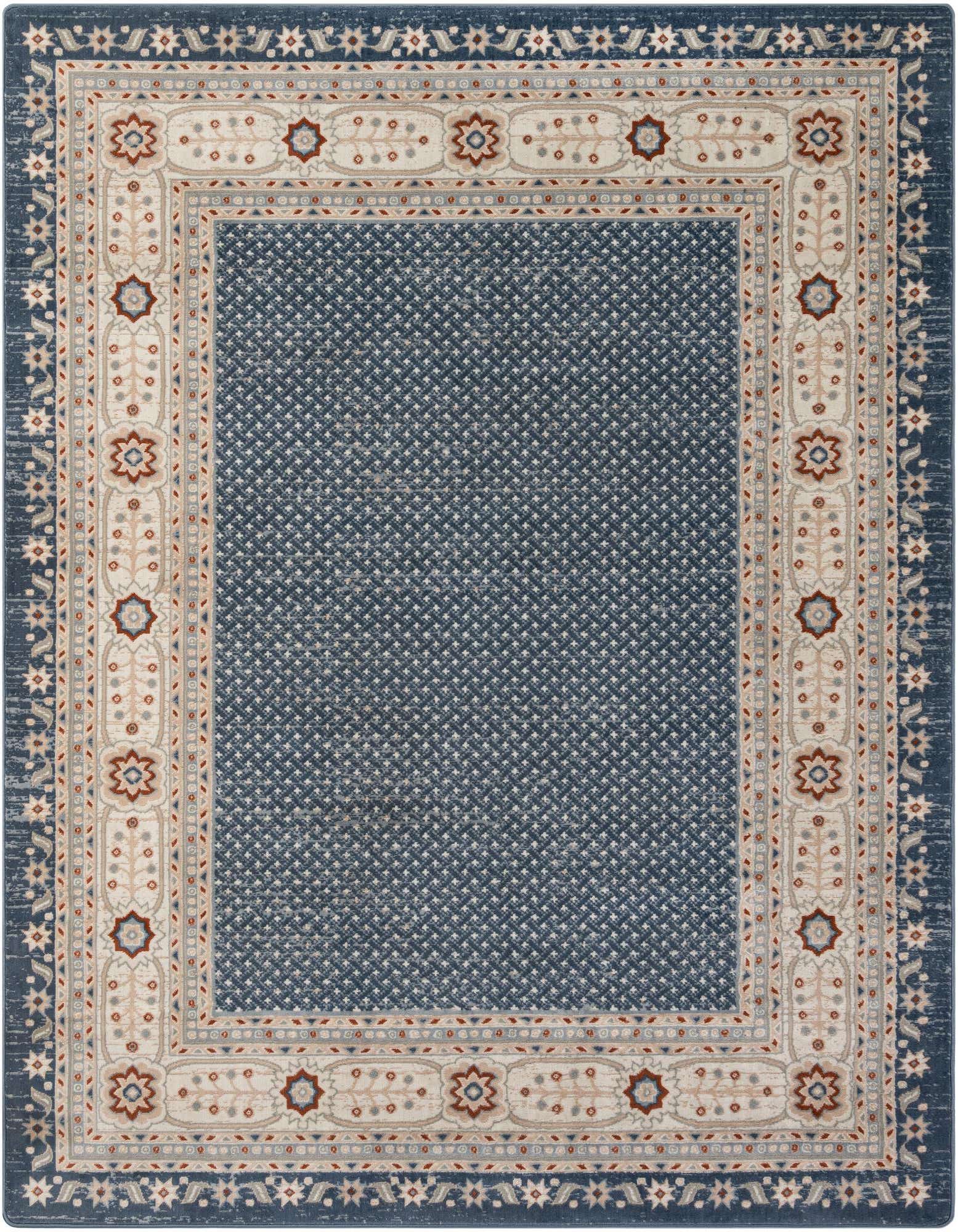 A rectangular 8x10 modern rug with a light blue patterned center and a wide border featuring floral and geometric motifs in cream, beige, and blue.