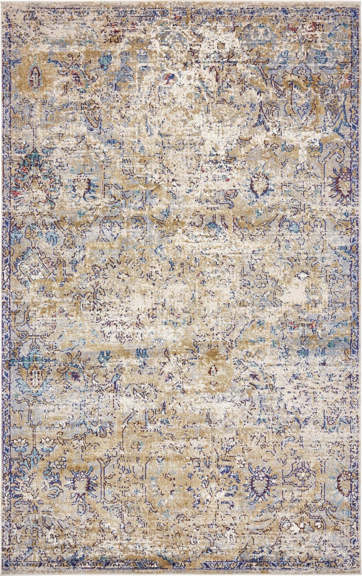A 5x8 rectangular Charlotte rug featuring a distressed bohemian floral pattern in shades of blue, beige, and cream.