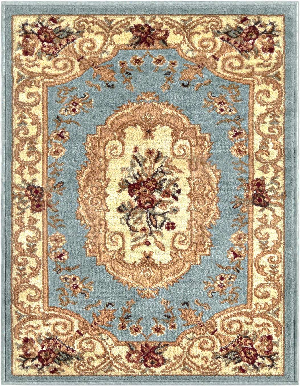 A 2x3 rectangular Chateau rug featuring a light blue field with a central medallion and floral motifs in cream, gold, and red, framed by a traditional border.