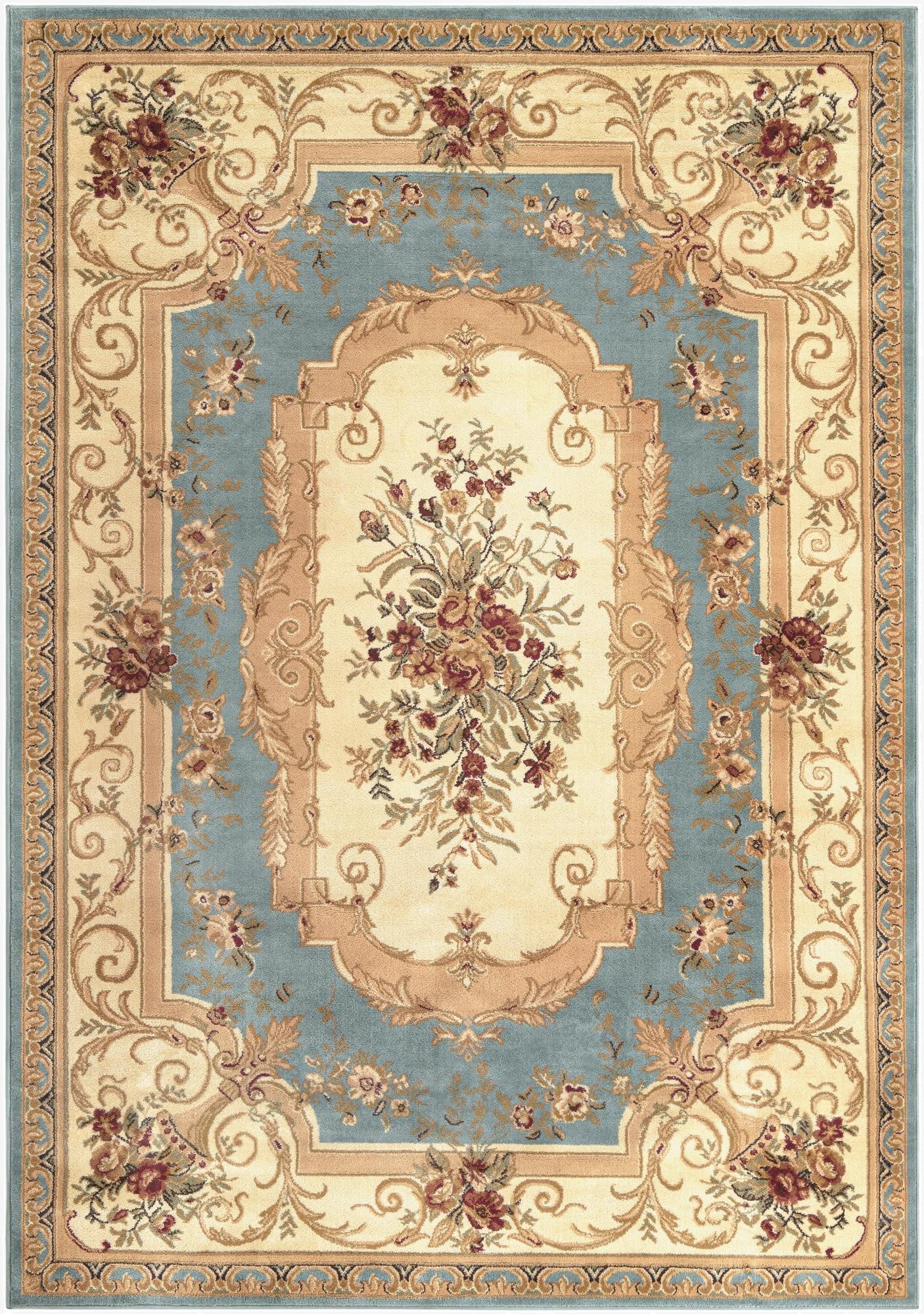 A 7x10 rectangular Chateau rug featuring a light blue field with a cream medallion and border, adorned with traditional botanical patterns in red, gold, and green.