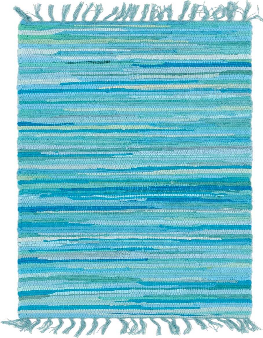 A 2x3 rectangular Chindi Cotton rug featuring horizontal stripes in various shades of blue and green, with fringed ends.