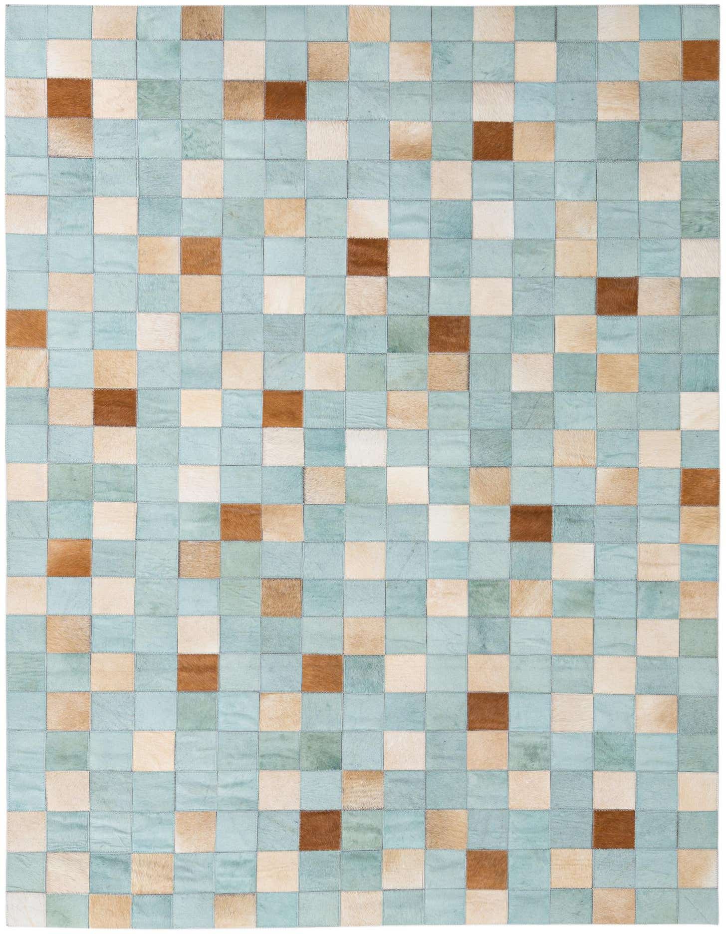 A 4x6 rectangular Cowhide Leather rug featuring a modern, abstract checkerboard pattern in various shades of light blue, beige, and brown.